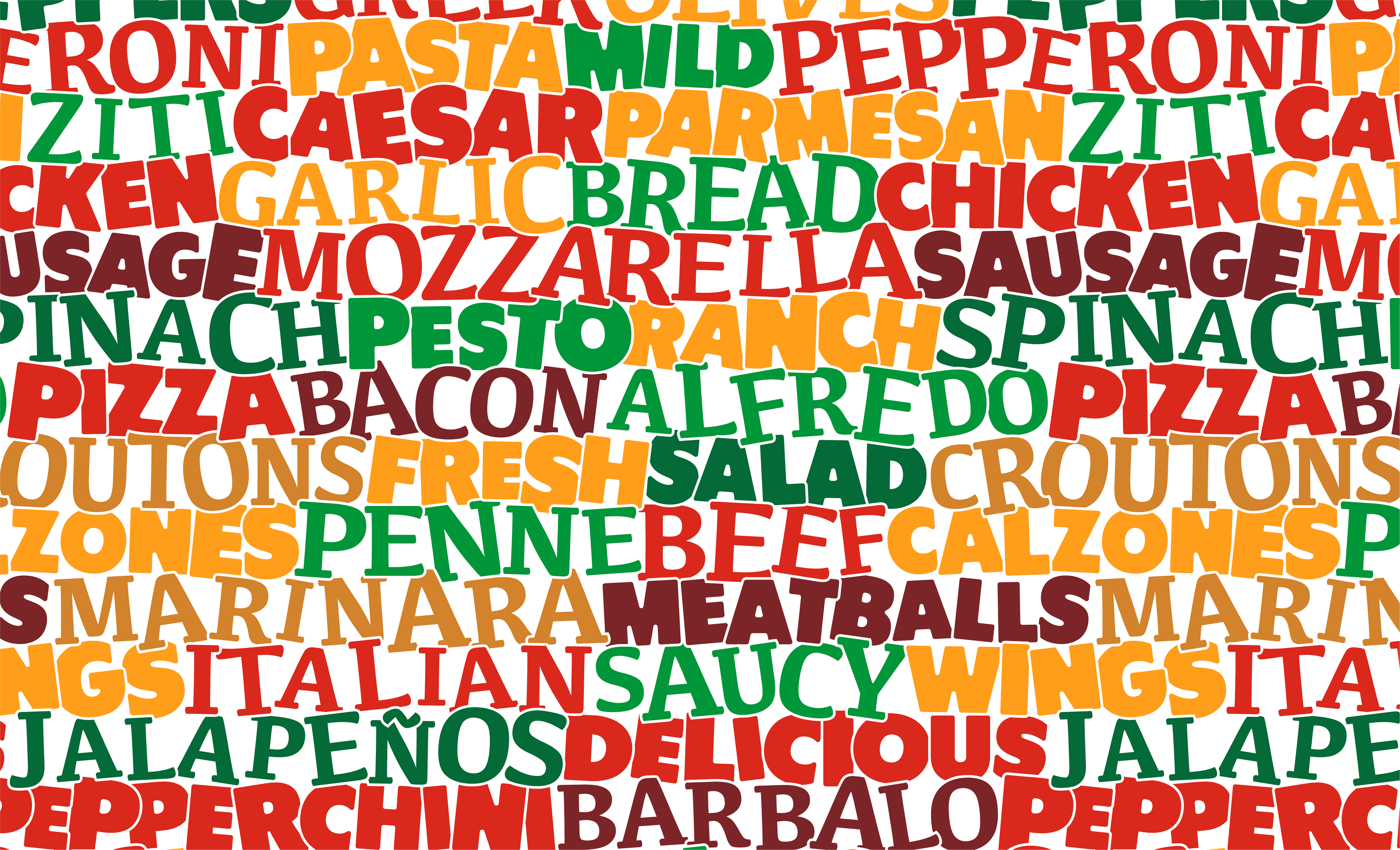 Decorative pattern variant 1 of various written foods and ingredients.