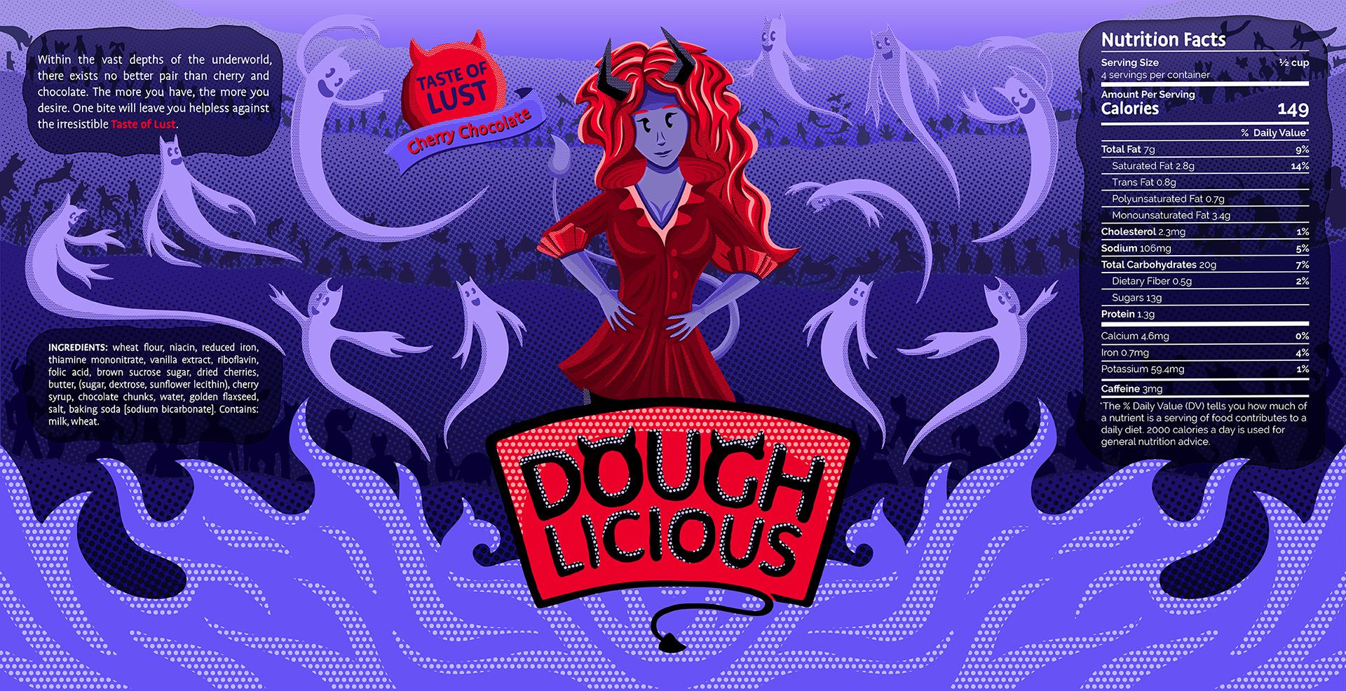 Cookie dough label with illustration of violet cartoon demon.