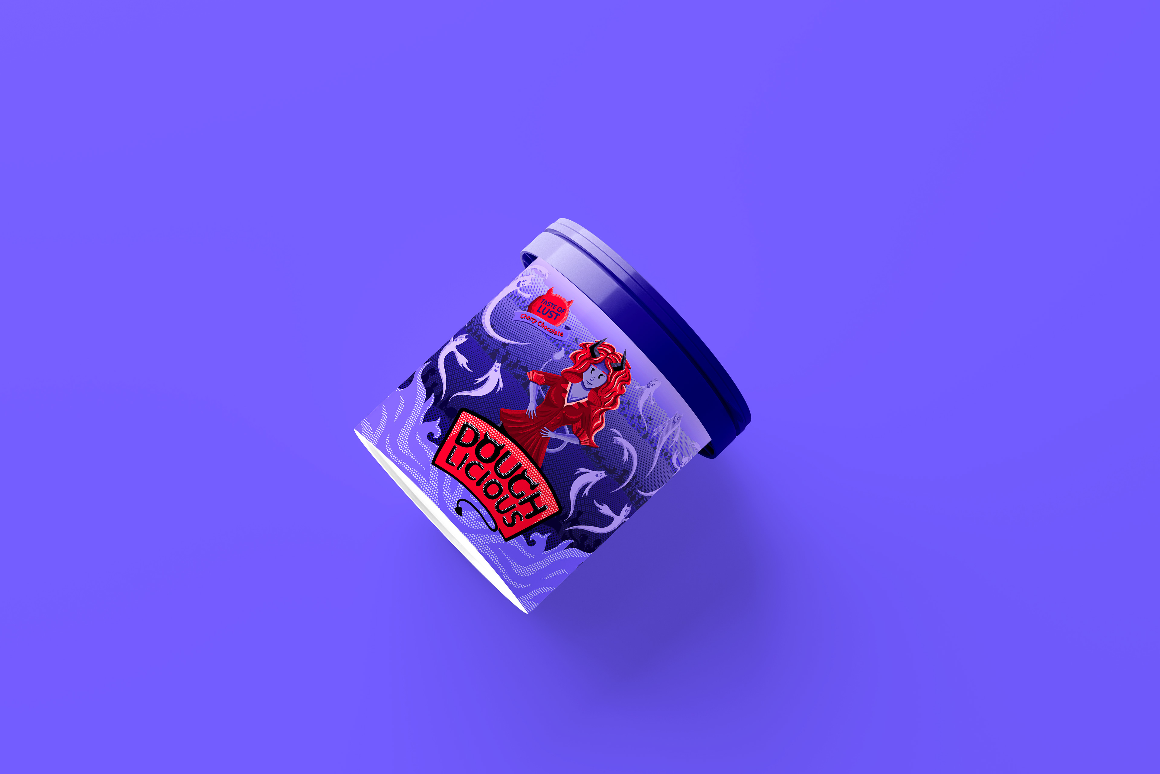Cookie dough jar on violet background.