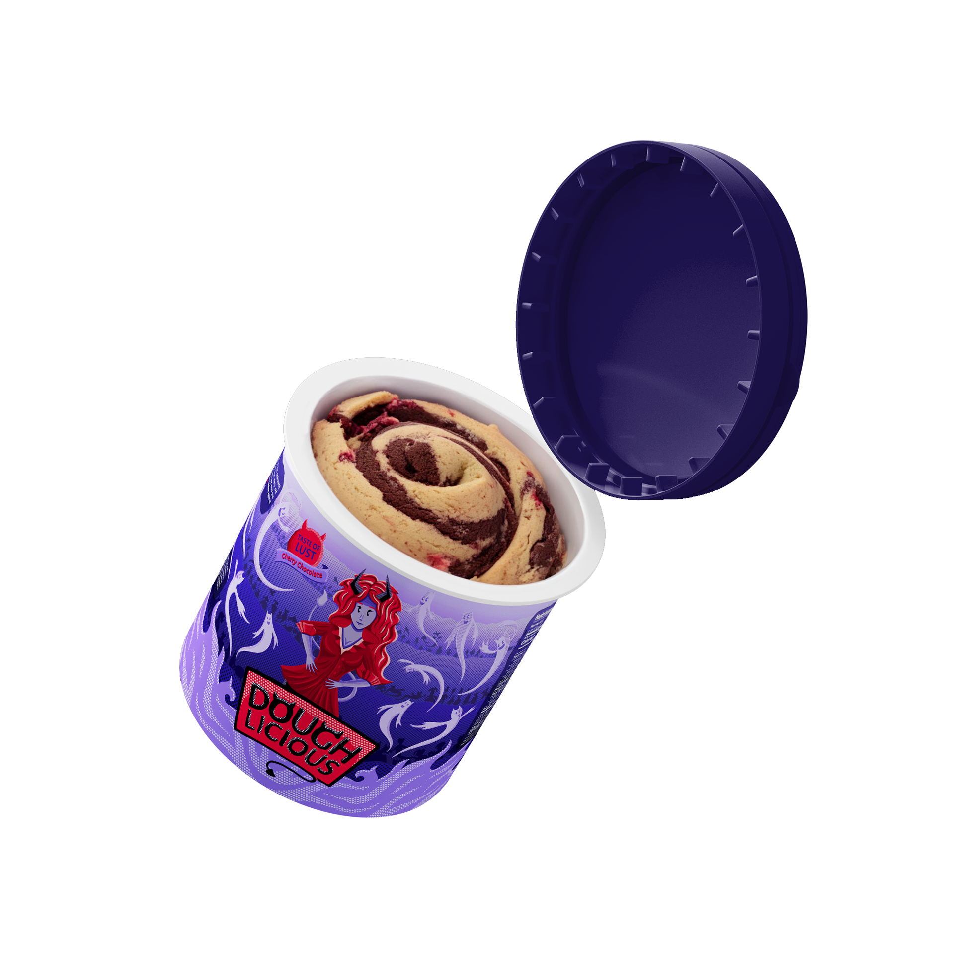 Open violet cookie dough jar filled with dough.