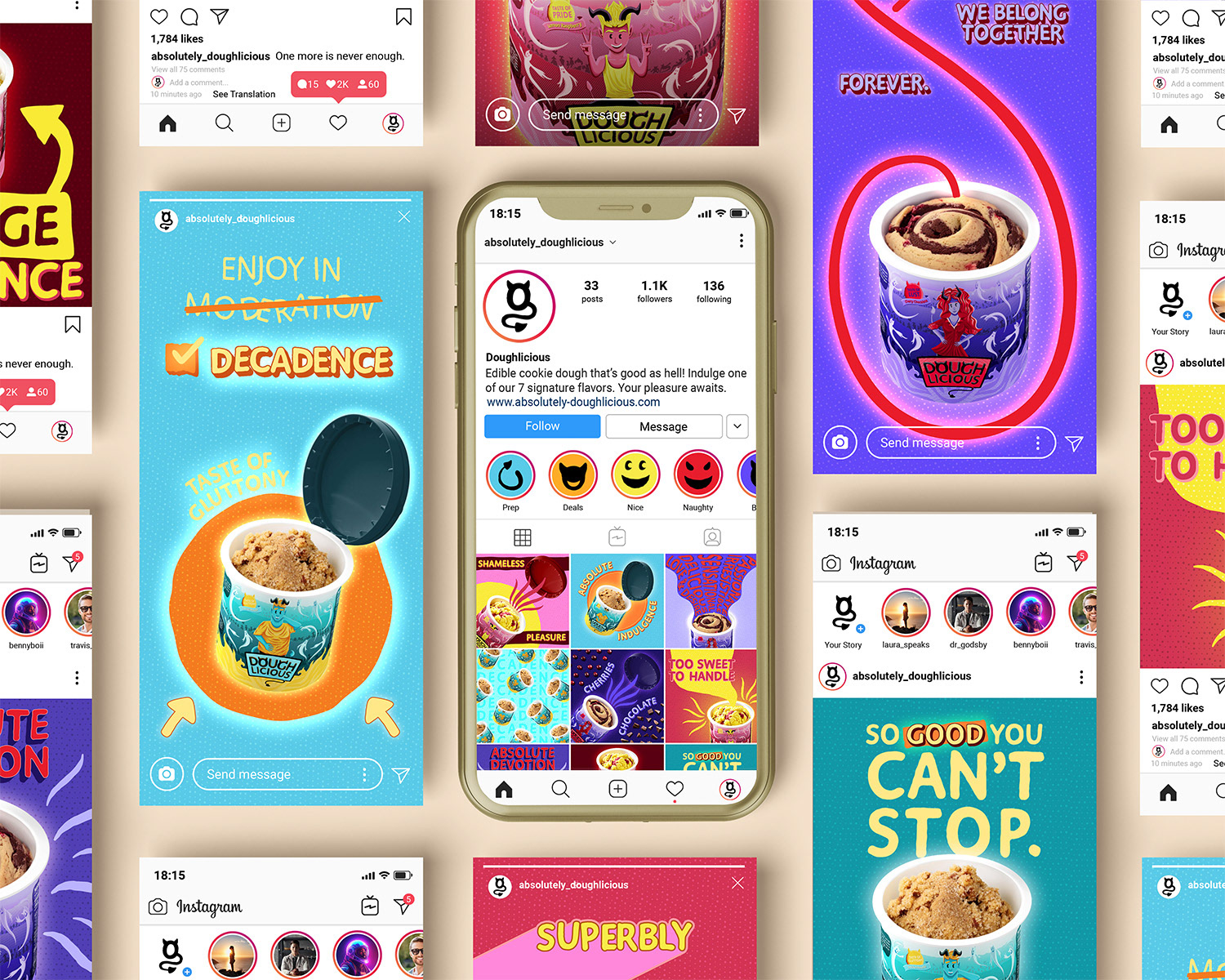 Mockup of Instagram social media identity within mobile screens.