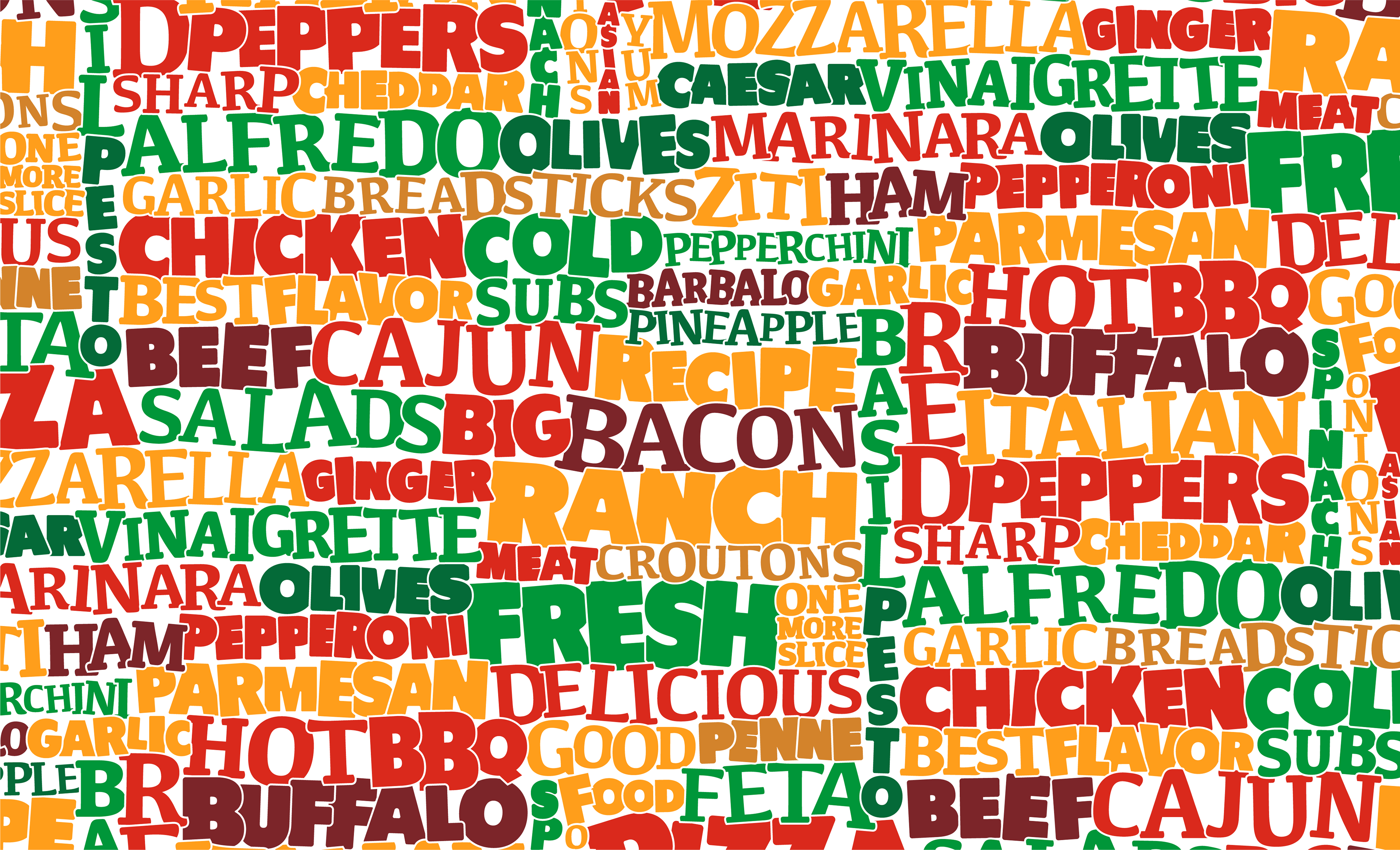 Decorative pattern variant 2 of various written foods and ingredients.