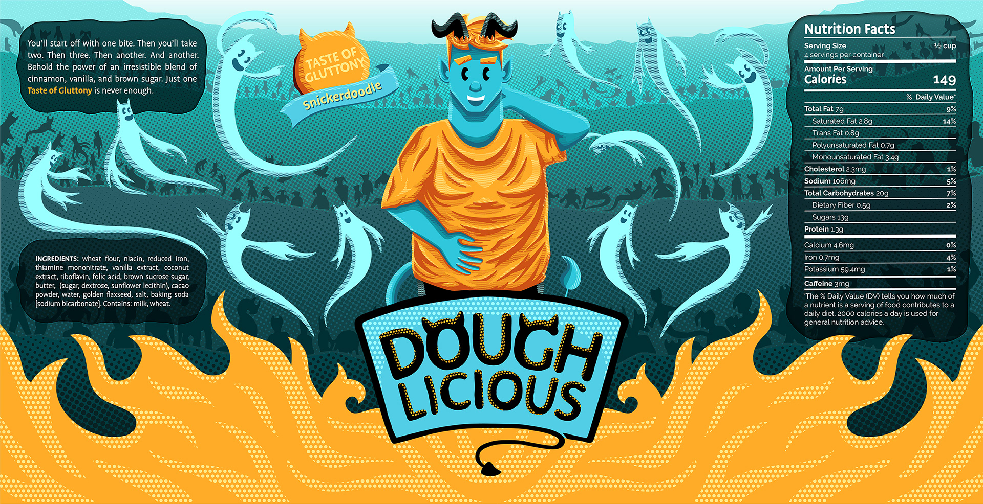 Cookie dough label with illustration of blue cartoon demon.