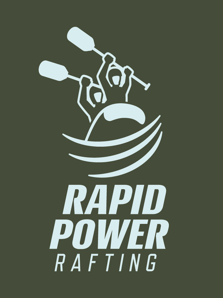 Rapid Power Rafting stacked logo with medium green background.
