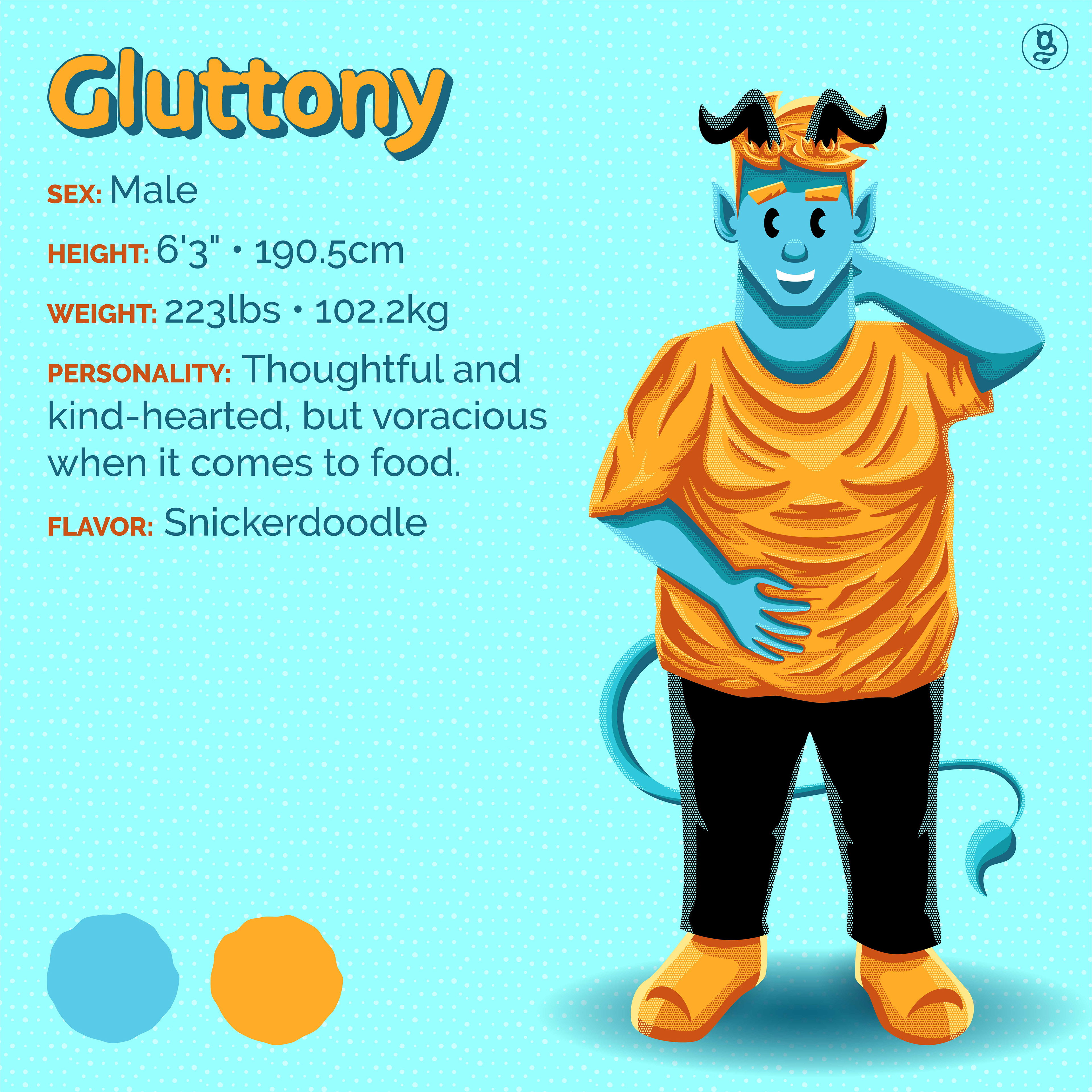 Illustrated profile of cartoon demon Gluttony.
