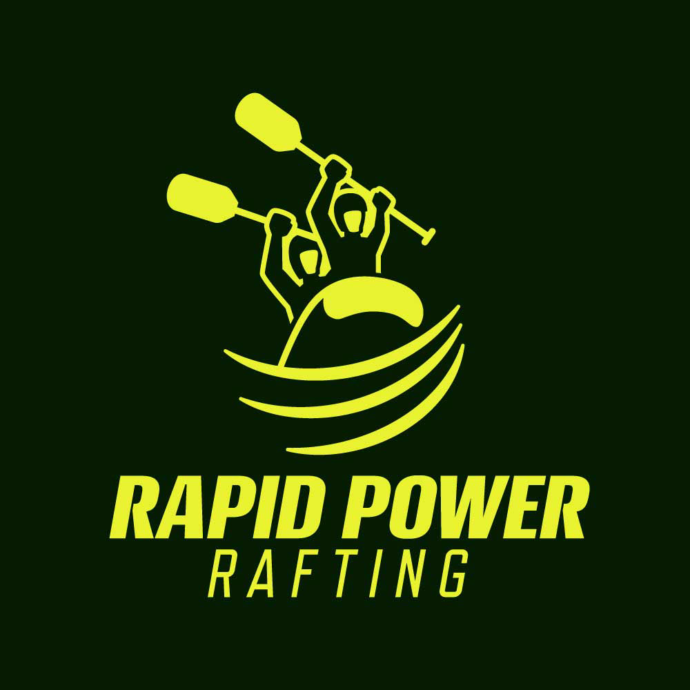 Rapid Power Rafting primary logo with dark green background.