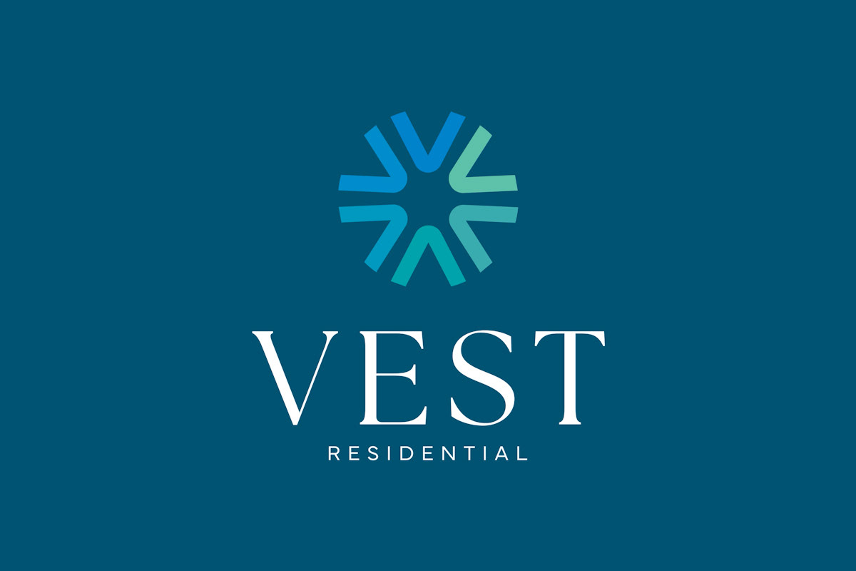 Vest Residential primary logo on blue background.