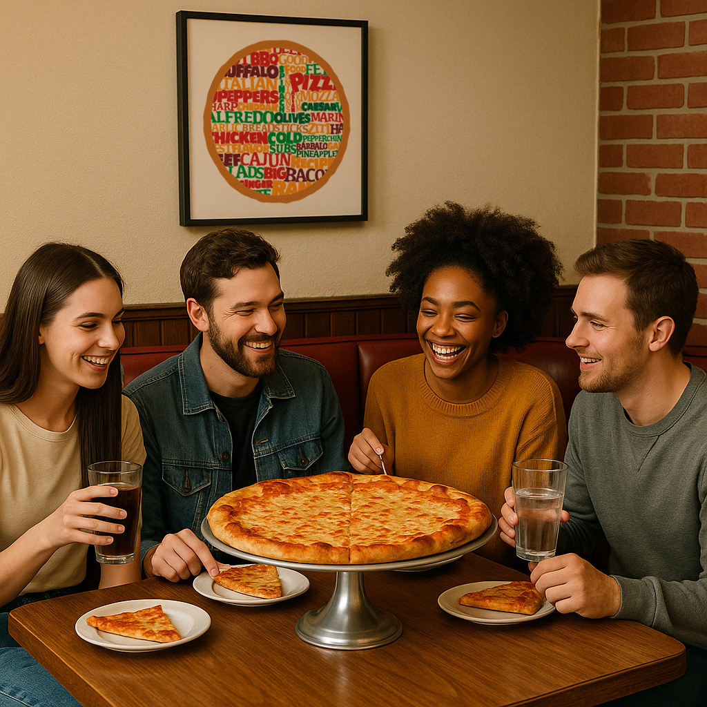 Group of people eat pizza at a table.