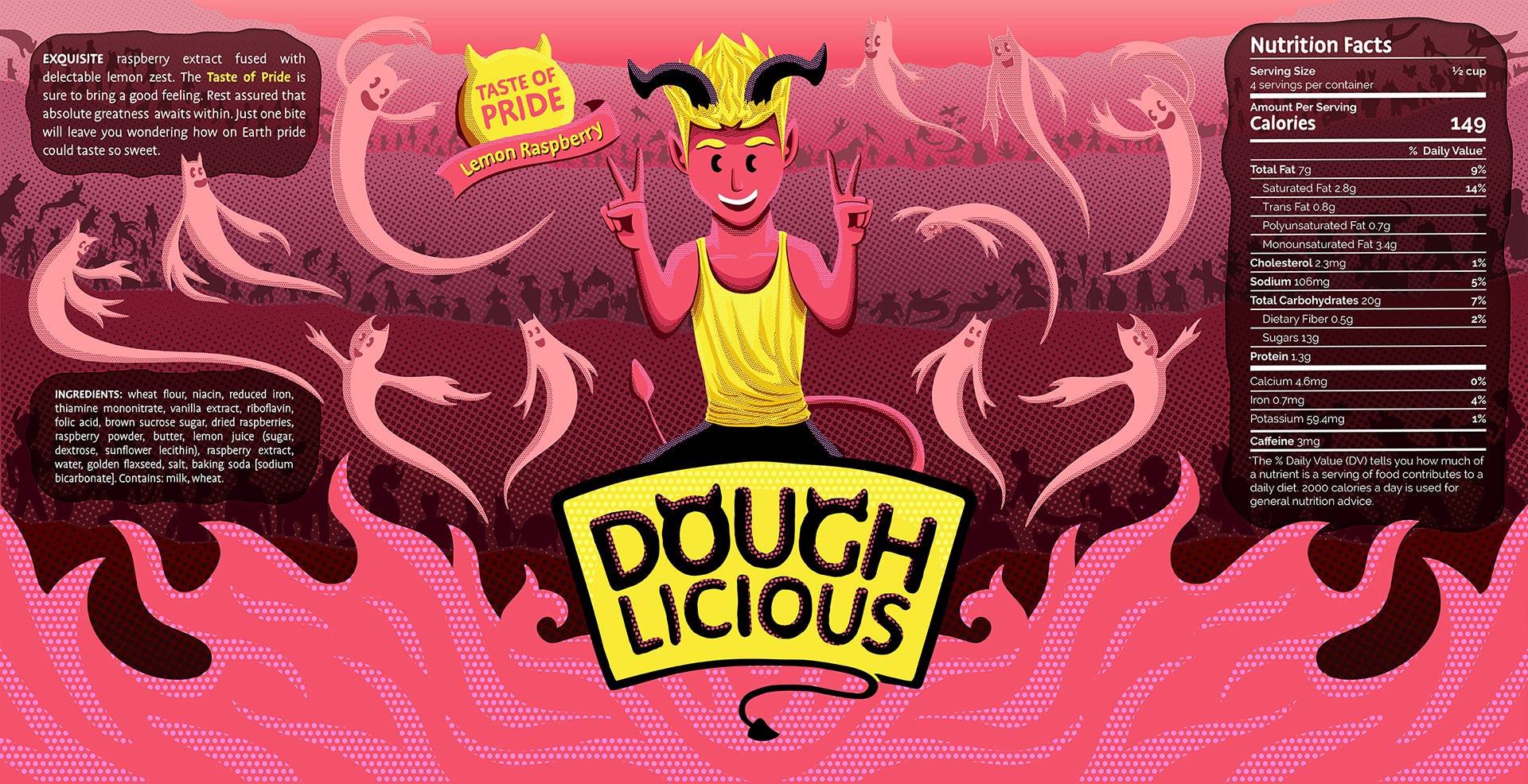 Cookie dough label with illustration of pink cartoon demon.