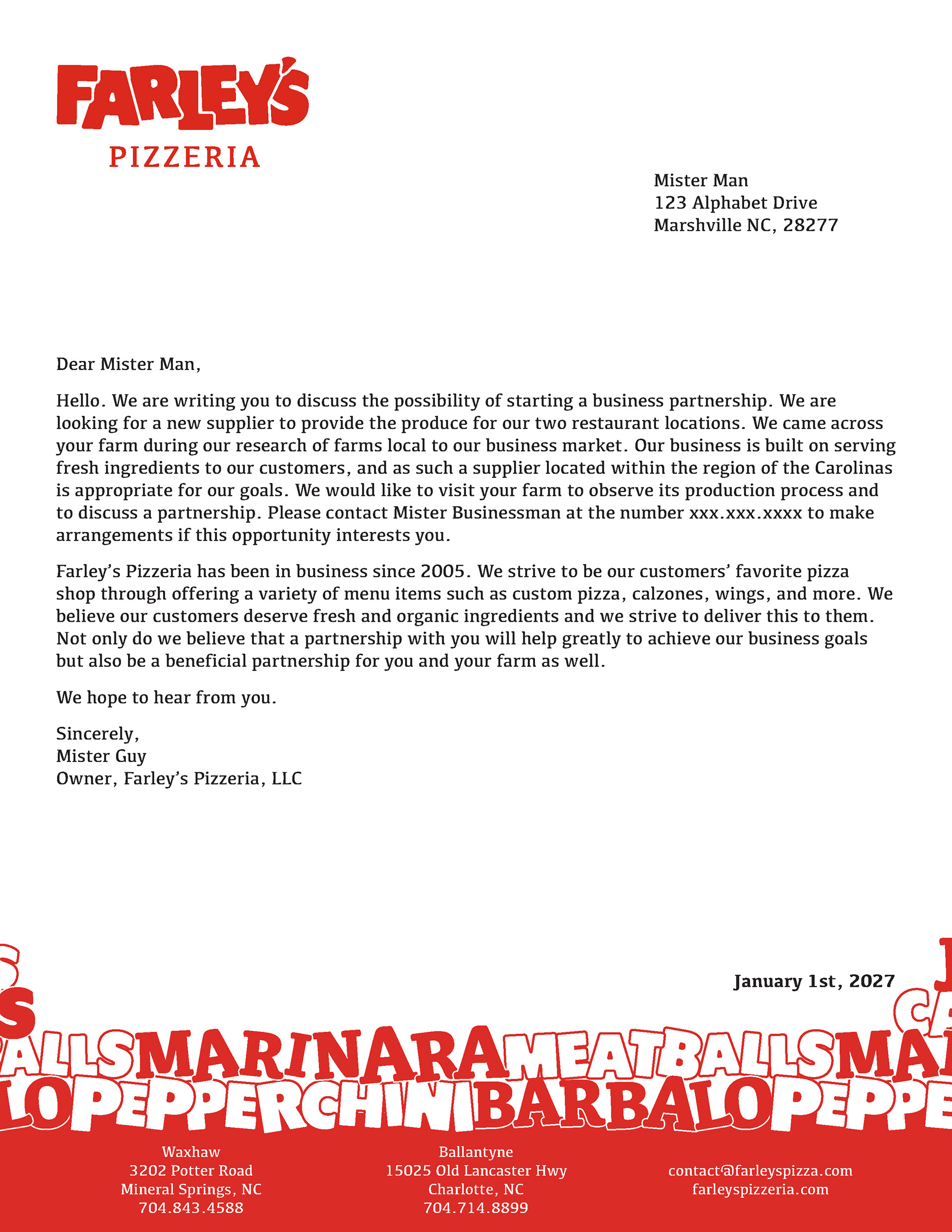 Letterhead branded with Farley's logo and pattern.