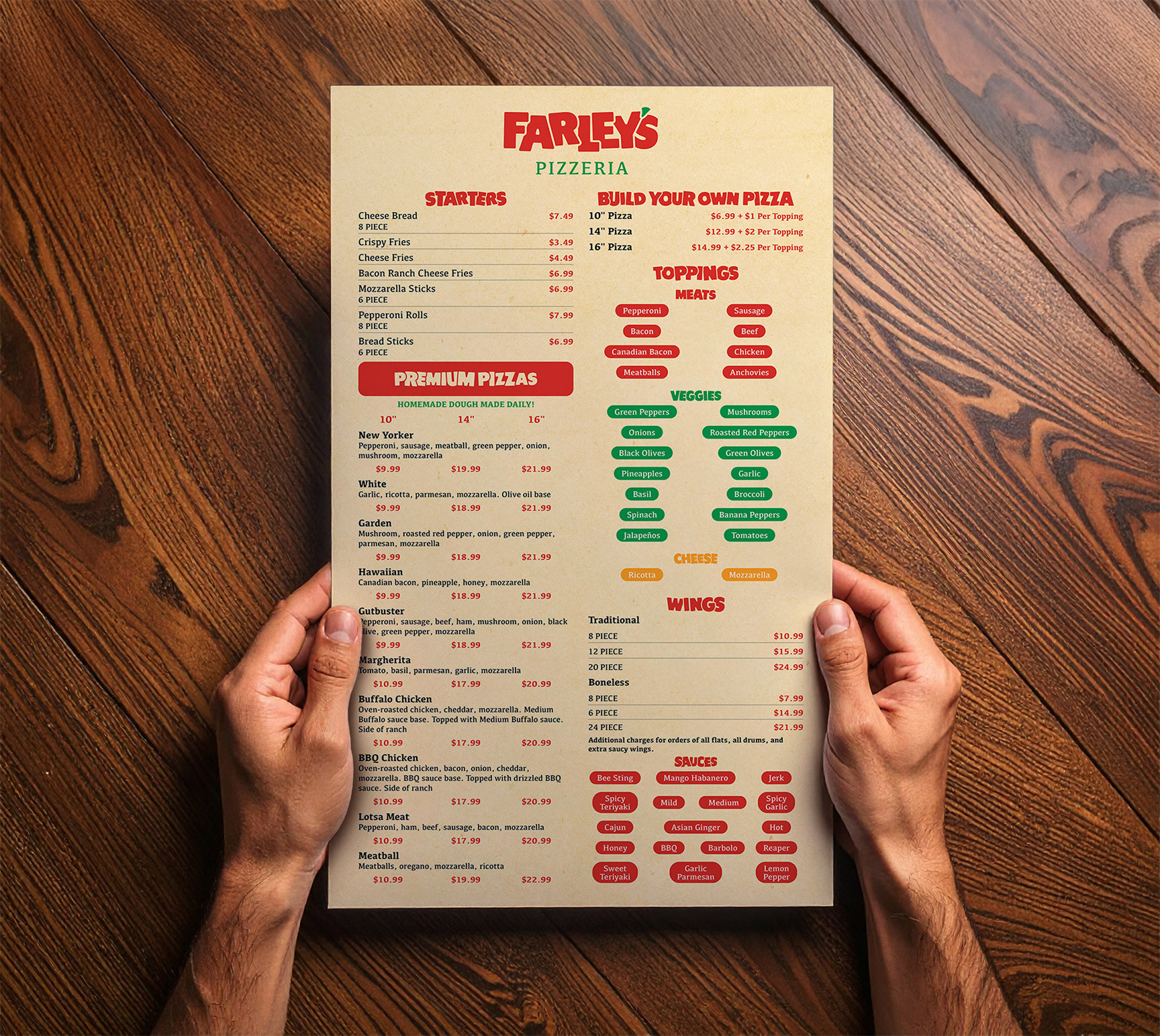 Farley's Pizzeria front side menu mockup.