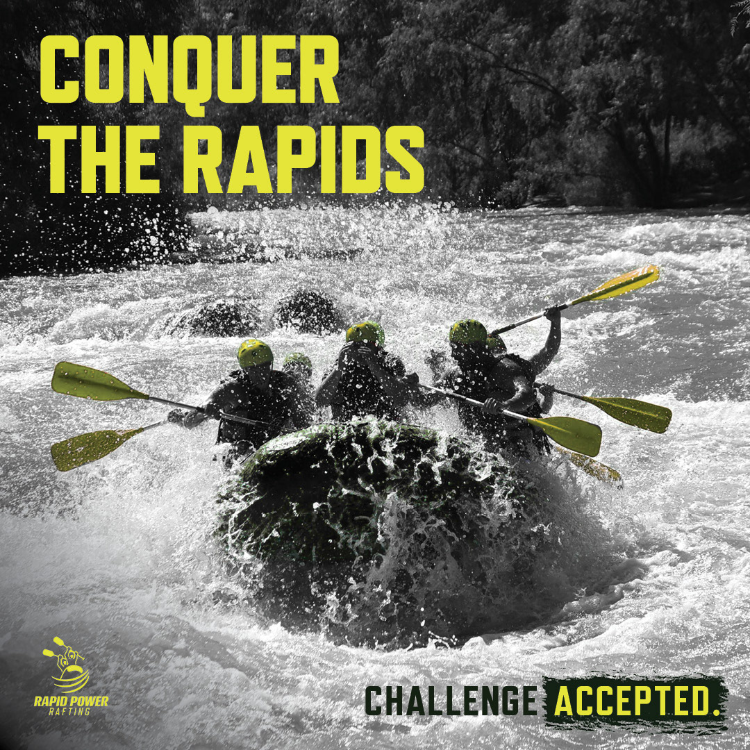 Social media post of a group of rafters steering on a river.