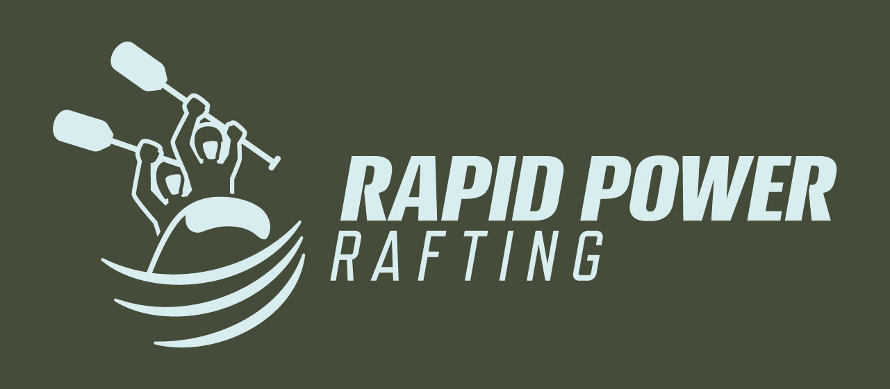 Rapid Power Rafting horizontal logo with medium green background.