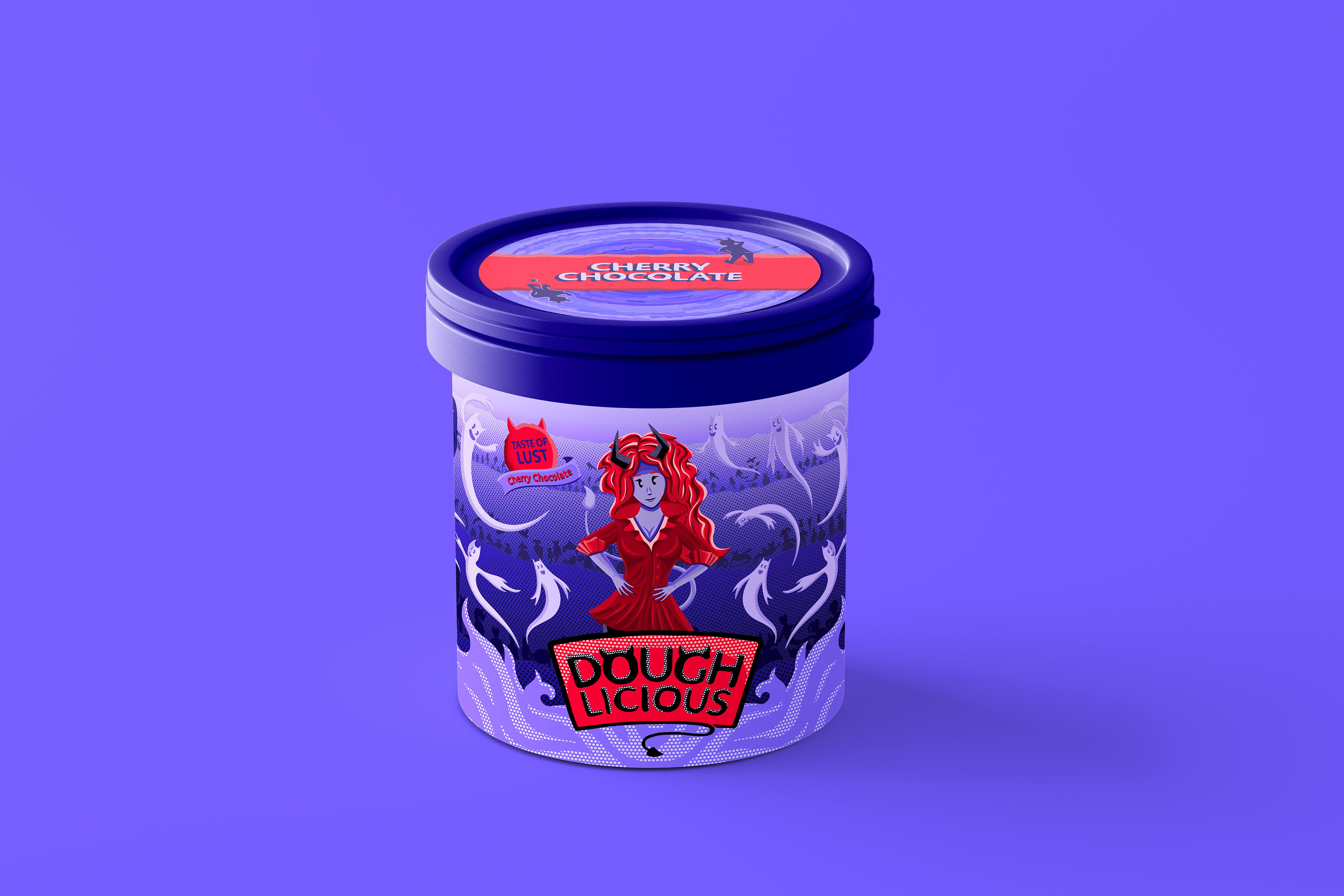 Violet cookie dough jar with illustrated label.