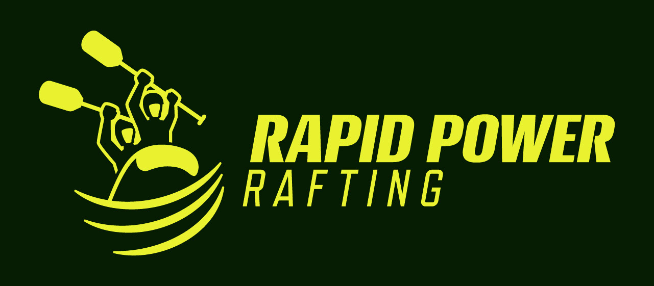 Rapid Power Rafting horizontal logo with dark green background.