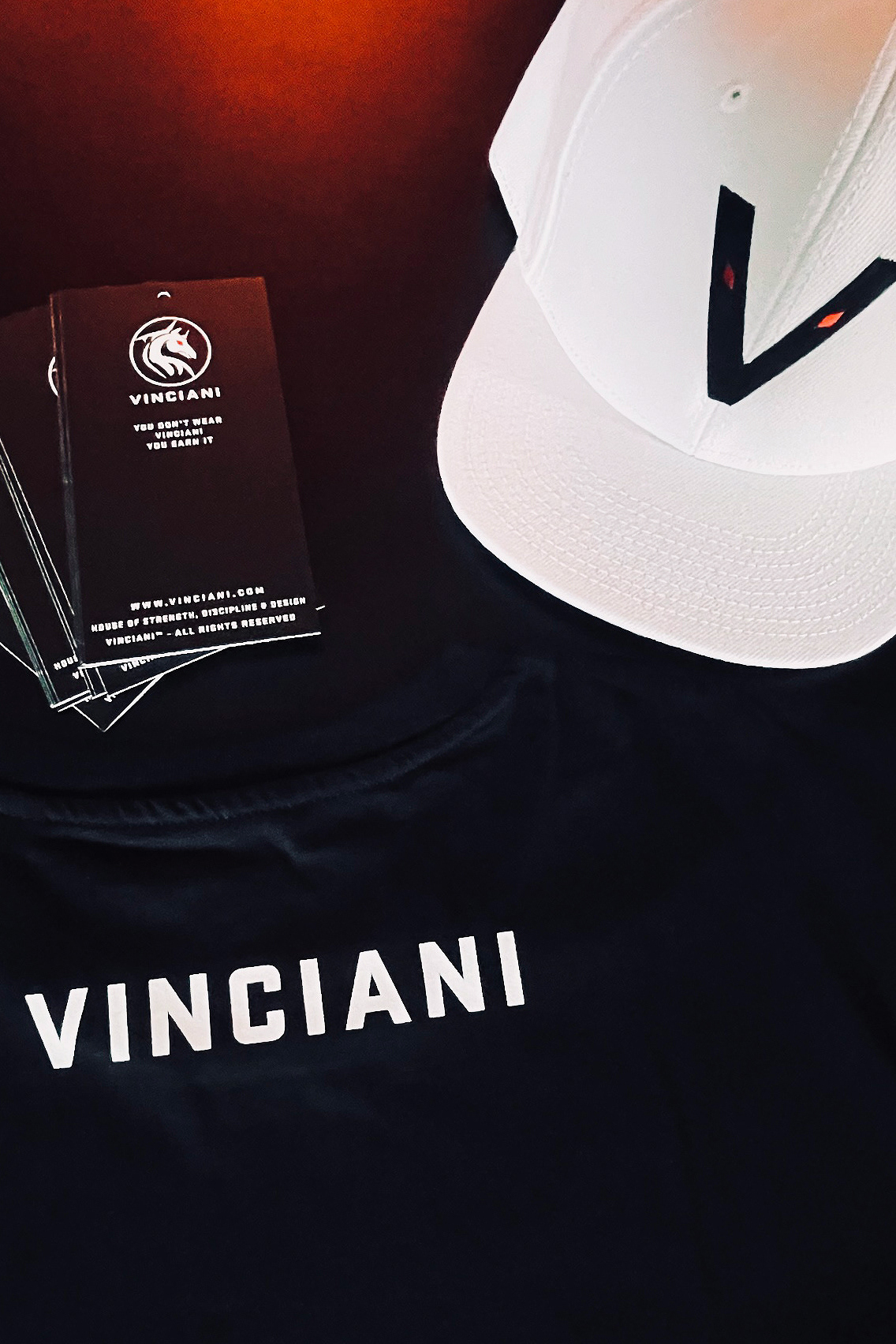 A collection of House of Vinciani apparel and branding, featuring a white cap with the asymmetrical V-Mark and red diamond eyes alongside sleek black hangtags embossed with the Horse Emblem and the "You Don't Wear Vinciani, You Eran it" manifesto.