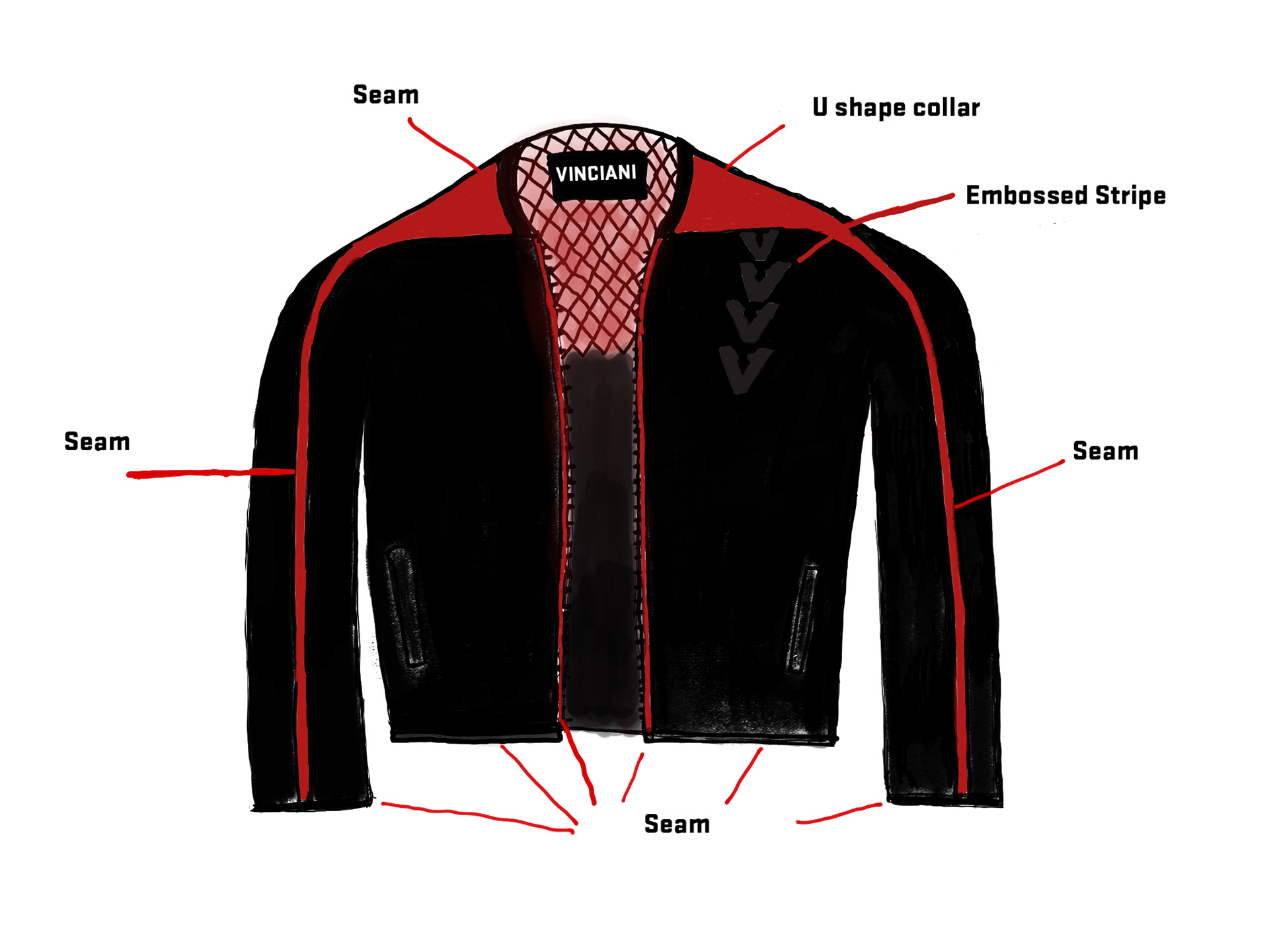 Front sketch of the Vinciani Rhythm Discipline Stripe leather jacket featuring a U-shaped collar, black leather body, burgundy quilted lining, red shoulder and sleeve panels, embossed Discipline Stripe on the chest, seam construction details, and front zip closure.