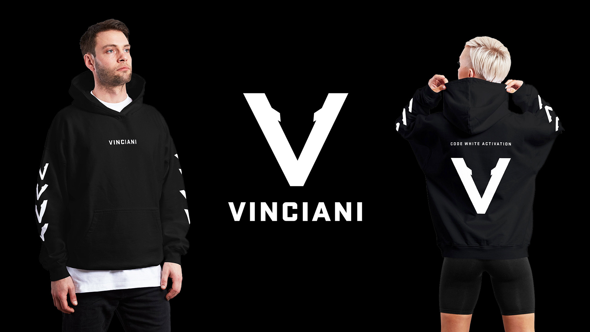 VINCIANI Code White Activation oversized black hoodie featuring the signature V-Mark, front wordmark, sleeve graphics and premium luxury streetwear design, displayed from front and back.