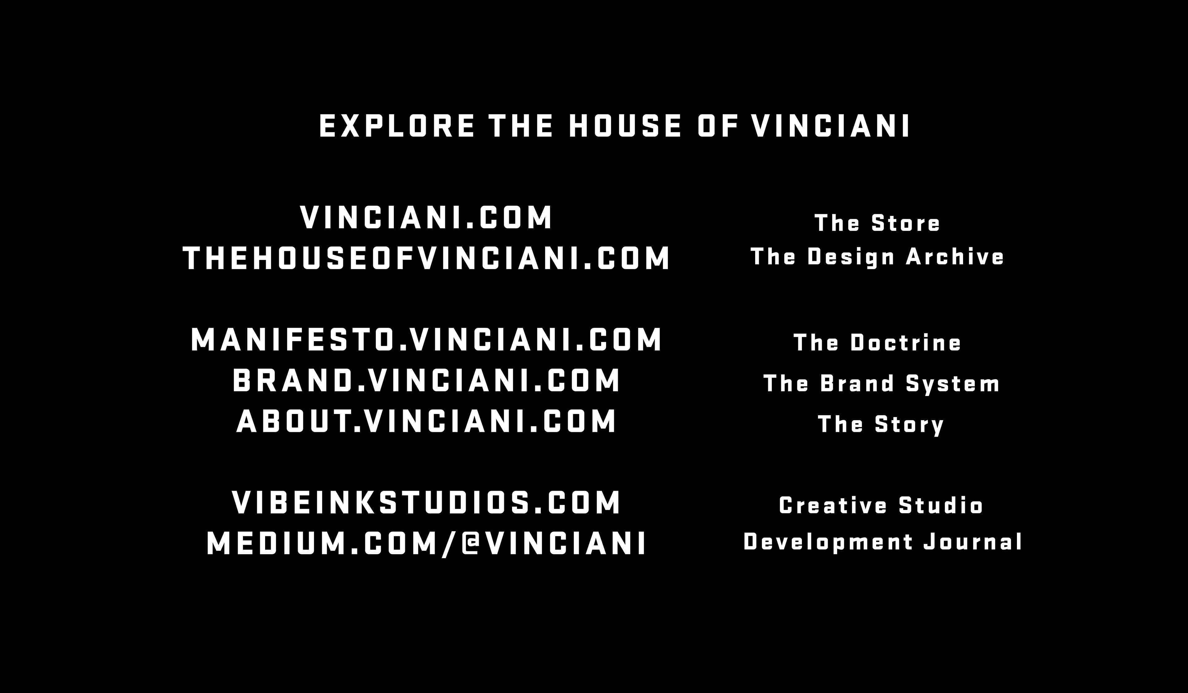 House of Vinciani digital architecture showing the Vinciani brand ecosystem including the luxury clothing store, design archive, manifesto, brand system, founder story, creative studio and development journal.