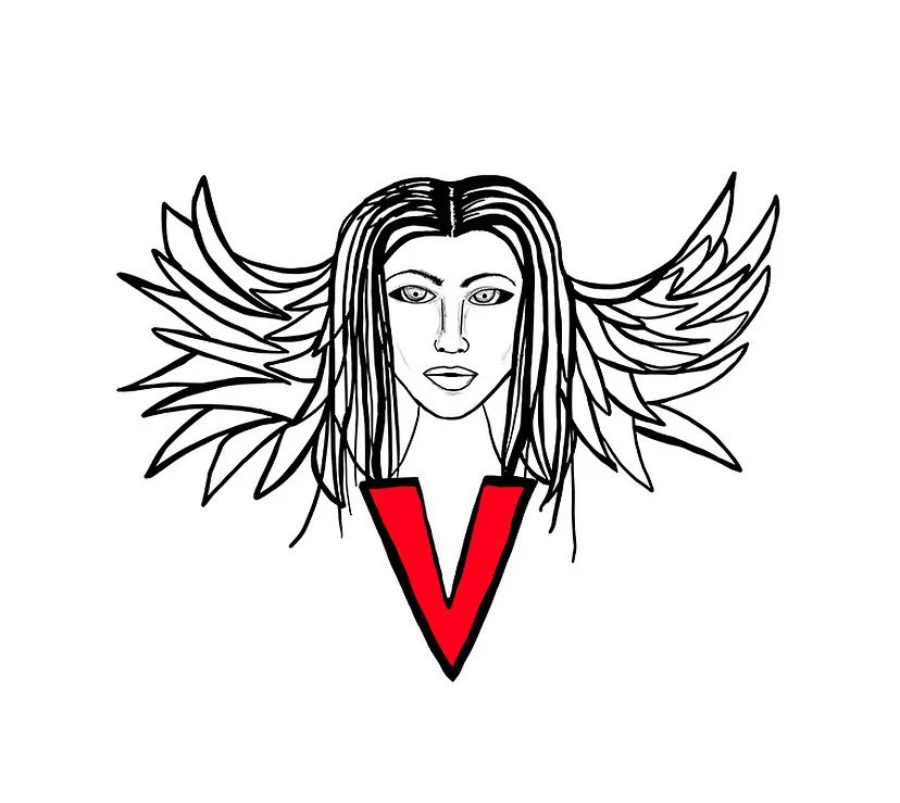 A close-up graphic of the Angel of Vinciani, featuring a winged female figure positioned above a bold red "V" symbol against a light background.