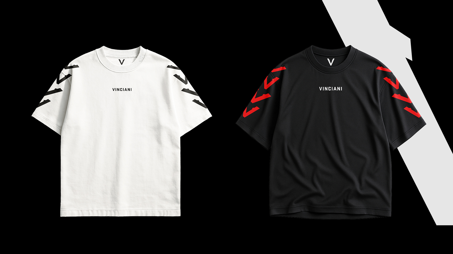 Vinciani Ascension Stripe t-shirts in white and black with directional sleeve markings and minimalist chest branding.