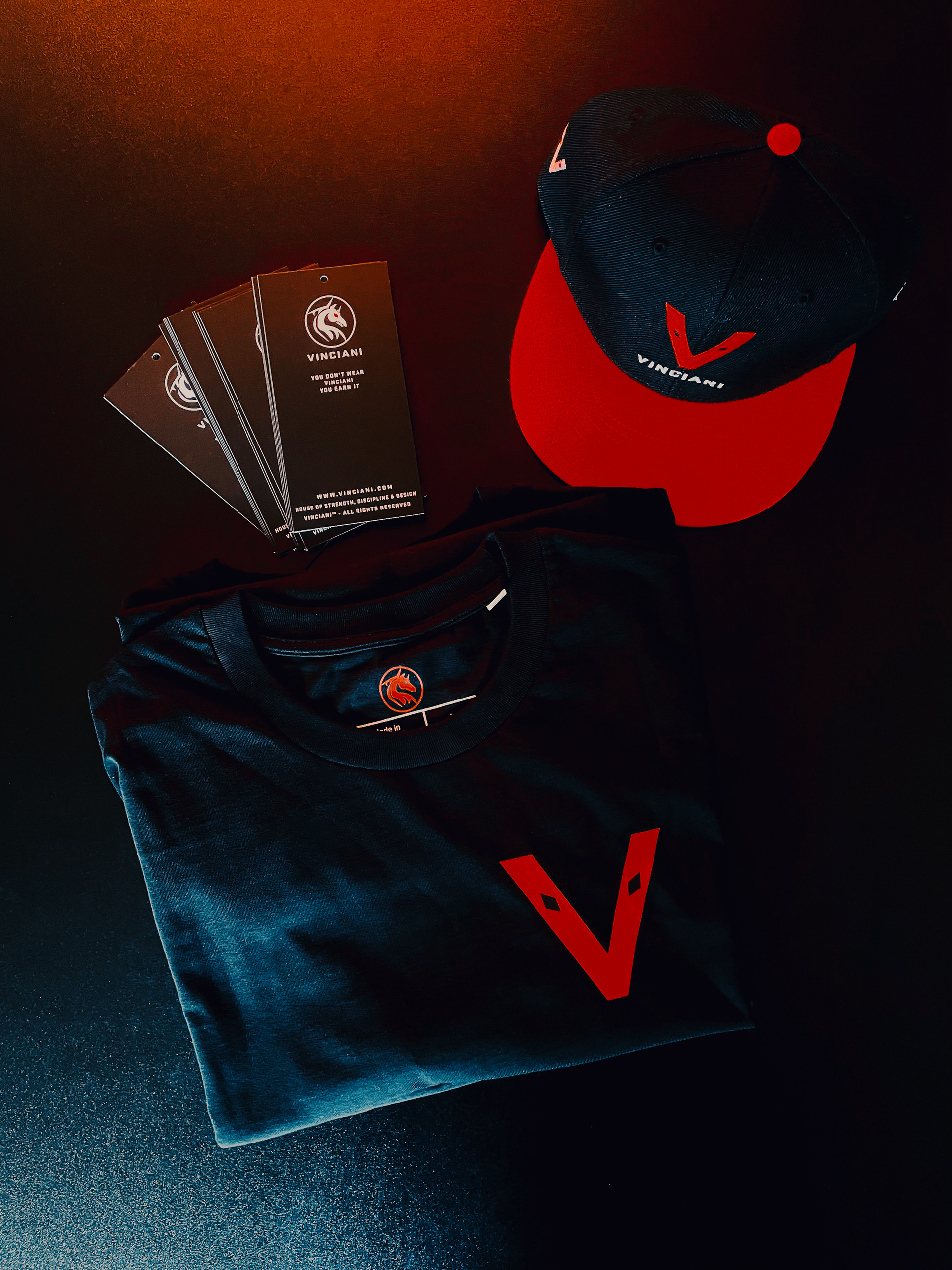 A professional brand showcase for the House of Vinciani, featuring a folded black V-Mark T-shirt and a red and black cap both with the asymmetrical V-Mark and its signature diamond eyes, presented alongside a stack of premium hangtags that reinforce the "You Don't Wear Vinciani, You Earn It" philosophy.