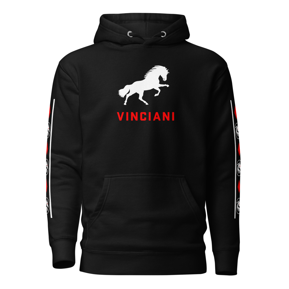 The White Vinciani Forward Sigil hoodie in black, centered  on the chest above the red "VINCIANI" wordmark.
