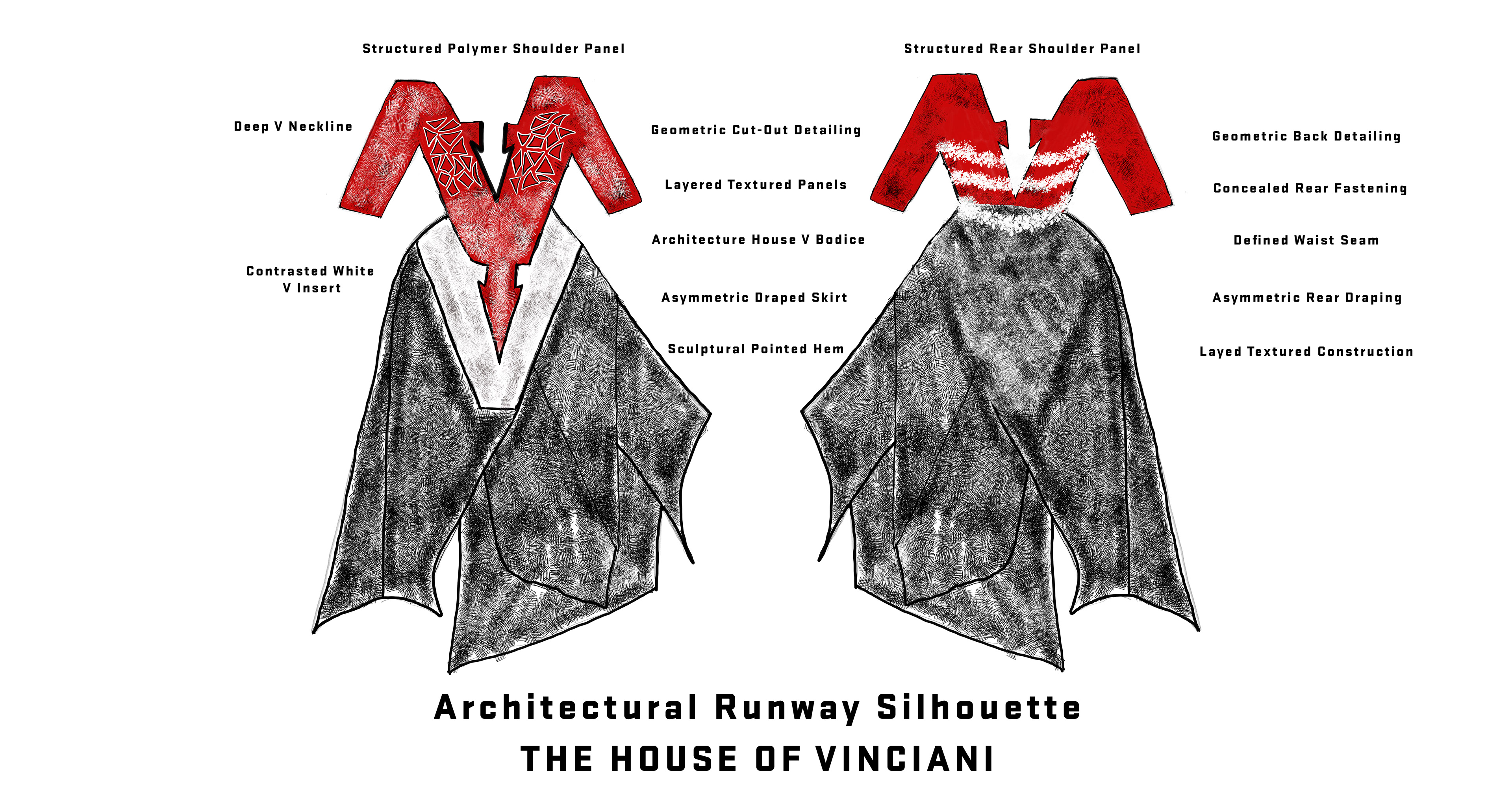 Front and rear concept illustration of the Vinciani Women's House V Dress featuring a structured polymer shoulder panel, architectural V bodice, asymmetric draped skirt, geometric detailing, and runway-inspired silhouette in black, white, and red.