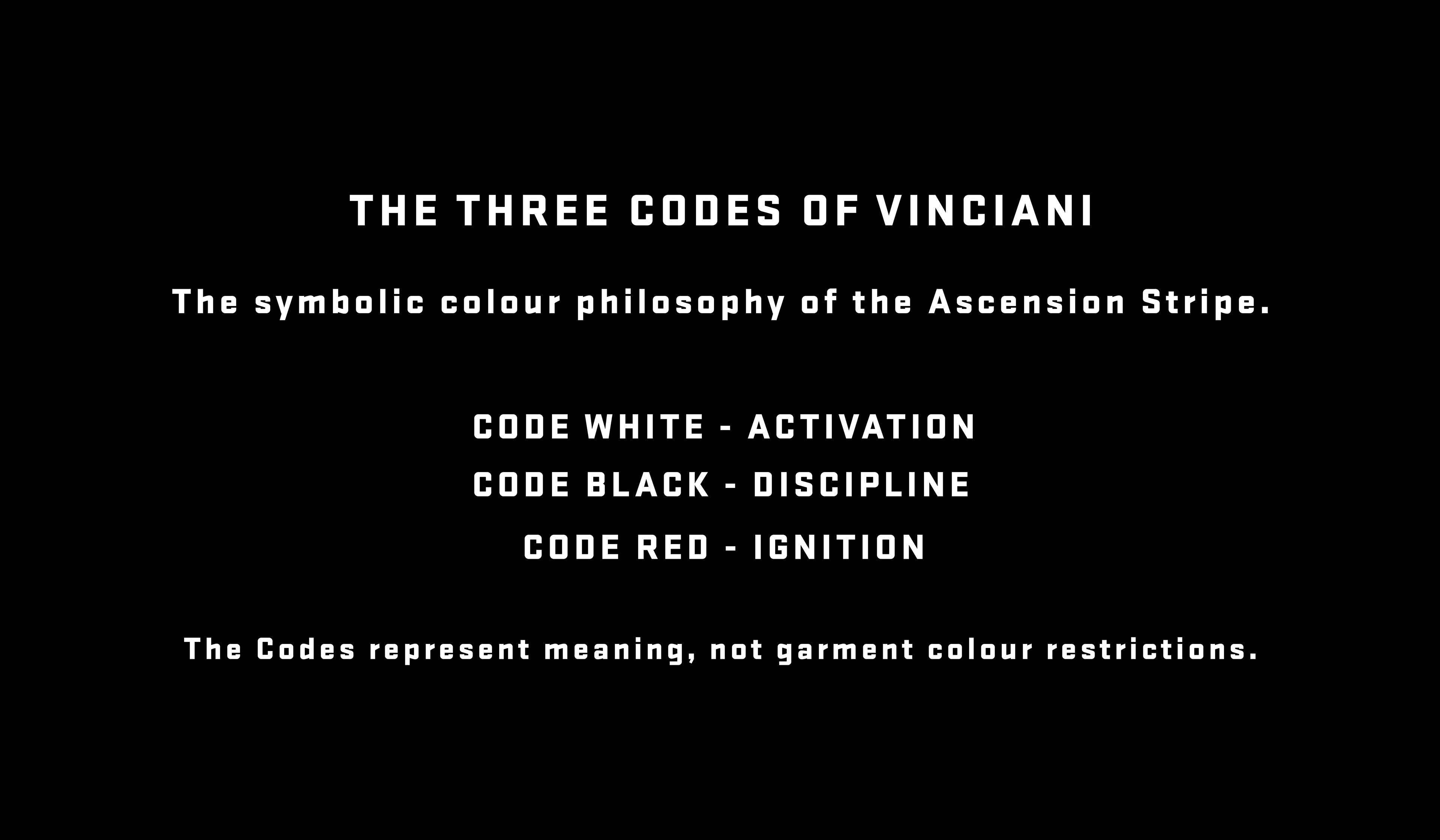 The Three Codes of Vinciani brand philosophy explaining the symbolic meanings of Code White – Activation, Code Black – Discipline, and Code Red – Ignition within the House of Vinciani visual identity system.