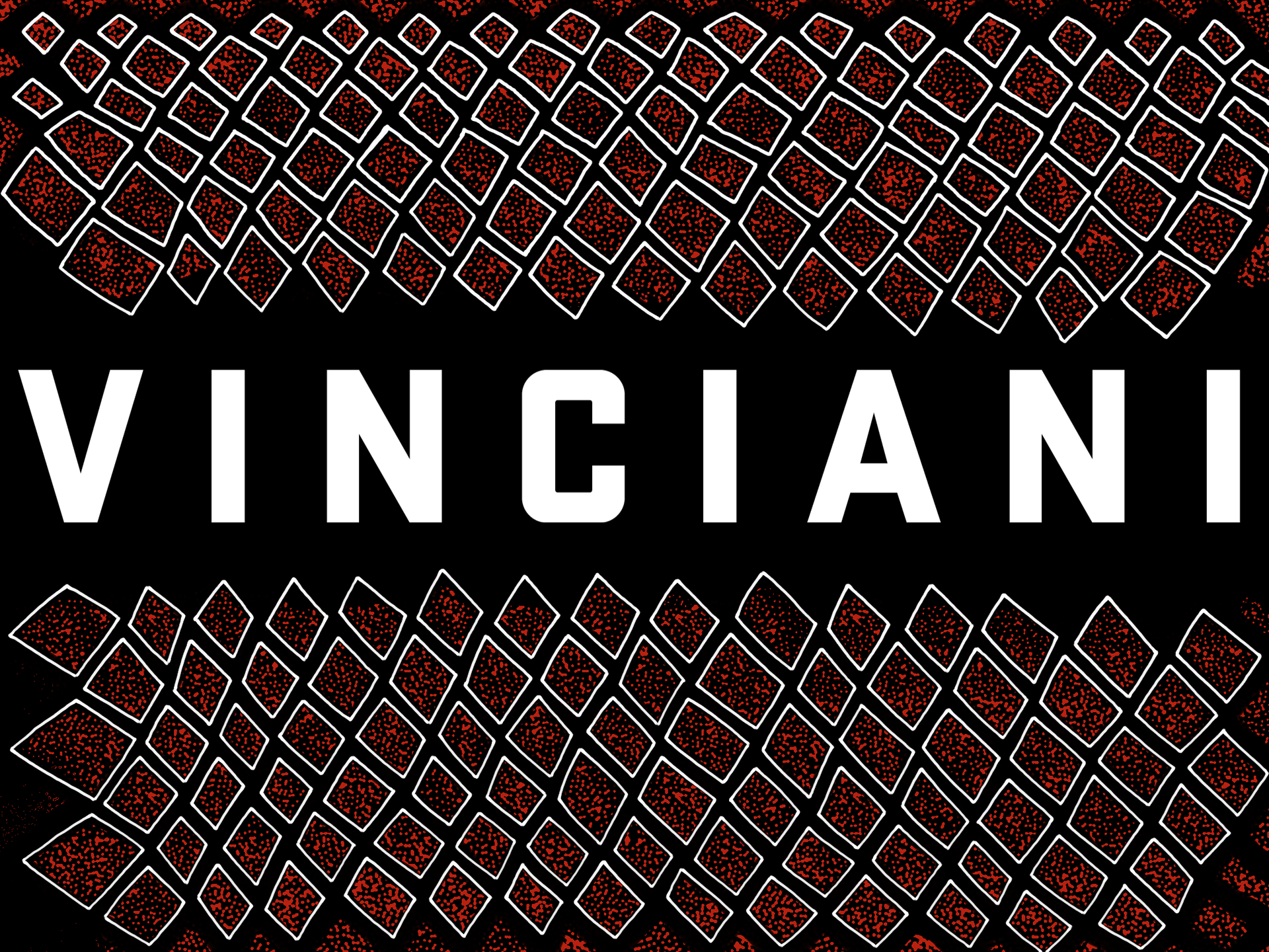 Original Vinciani geometric pattern concept artwork showcasing the iconic Vinciani wordmark with a custom black, white and red graphic pattern, developed for the House of Vinciani visual identity and apparel design system.