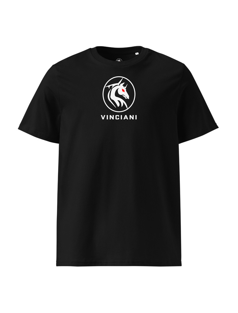 Vinciani T-Shirt displaying the official Vinciani Horse Emblem seal and Vinciani wordmark, representing Strength, Discipline, and Design.