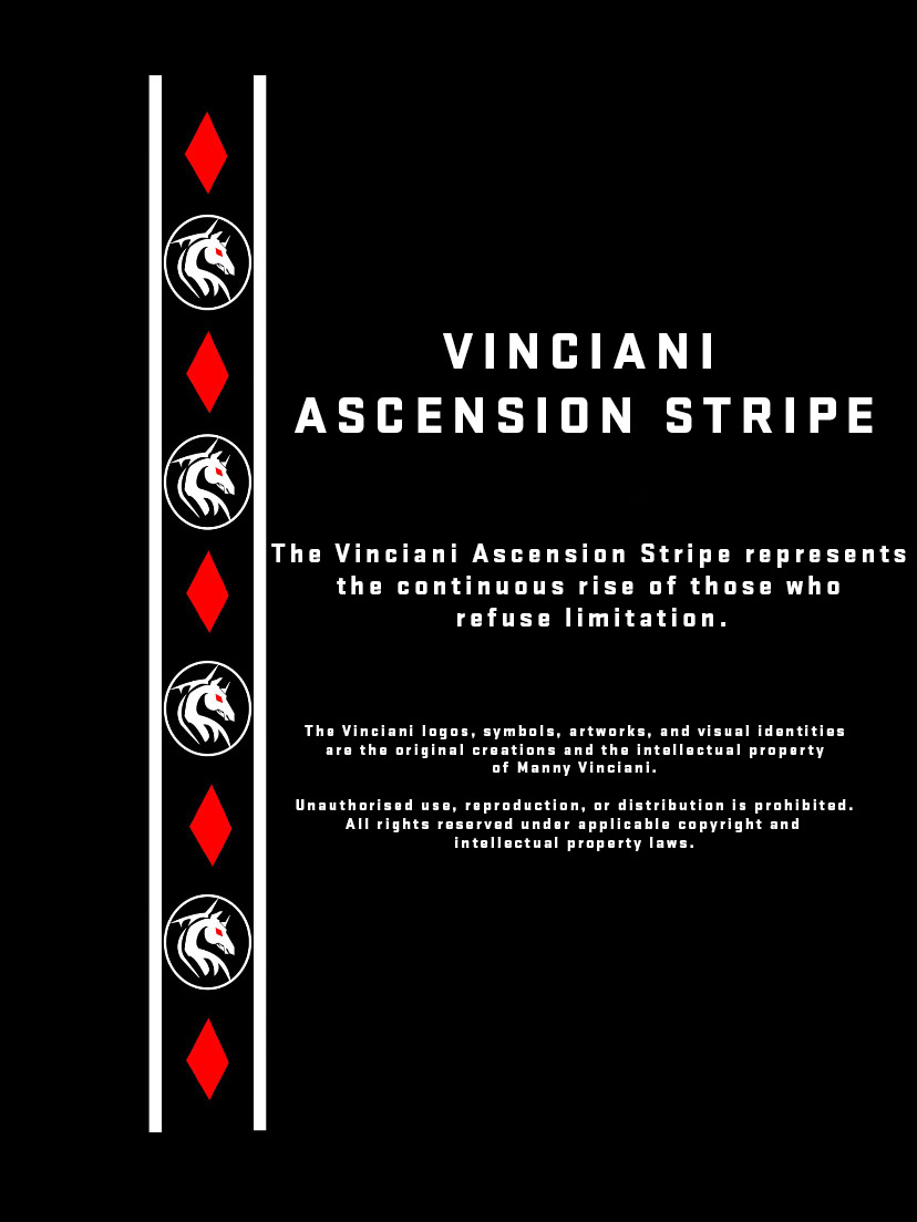 A promotional graphic detailing the Vinciani Ascension Stripe with its signature vertical pattern of red eye diamonds and horse emblem logos set against a dark background.