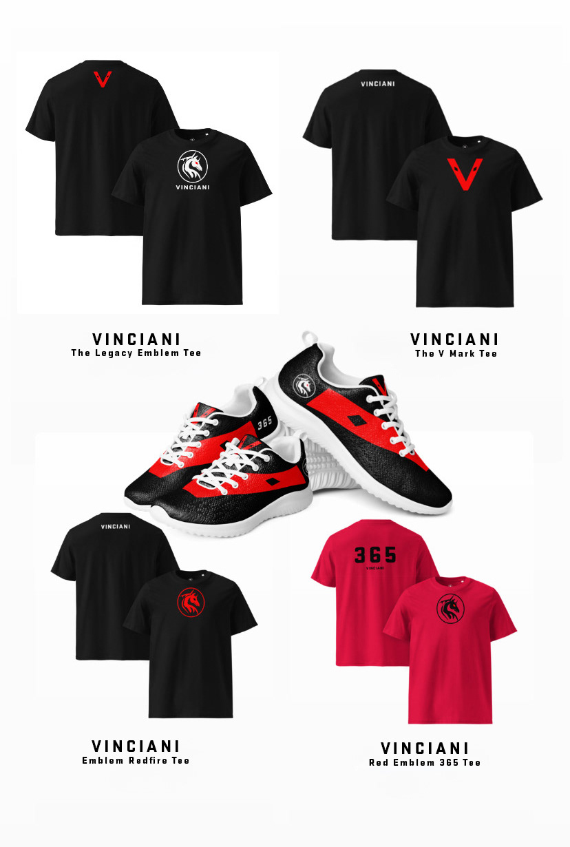 Vinciani apparel collection featuring the Legacy Emblem Tee, Emblem Redfire Tee, and Red Emblem 365 Tee in Black and red colorways, alongside Vinciani Axion Sneakers