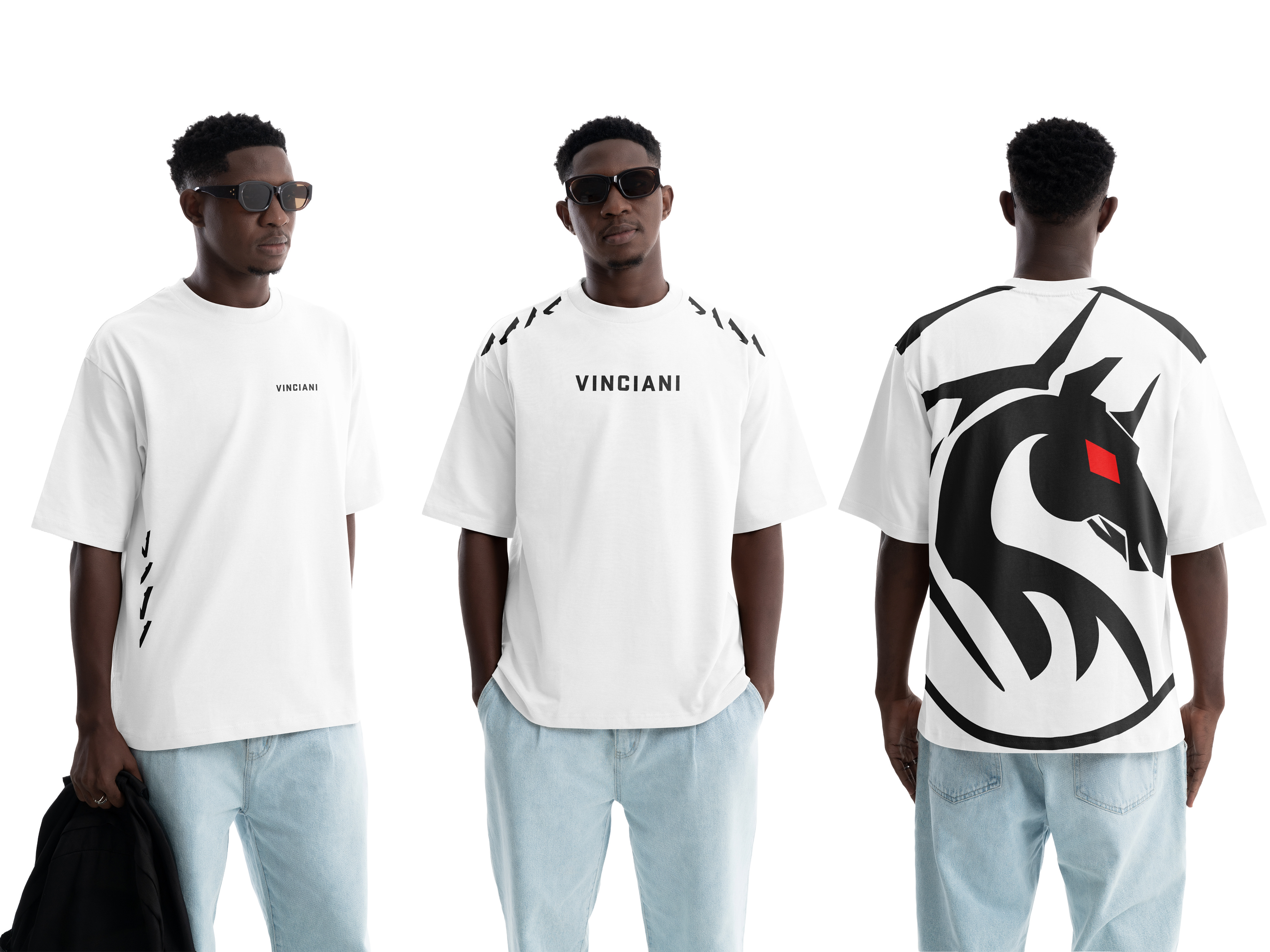 Vinciani oversized white streetwear T-shirt collection featuring minimalist wordmark branding, signature V-strike detailing, and oversized horse emblem back graphic.