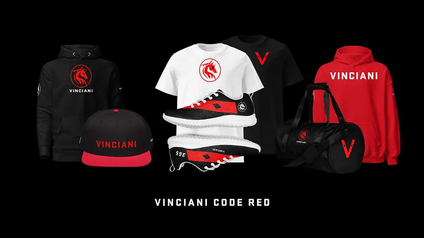 Vinciani Code Red collection featuring black and red hoodies, t-shirts, cap, Vinciani Axiom Sneakers, and duffle bag with bold V branding and signature horse emblem design.