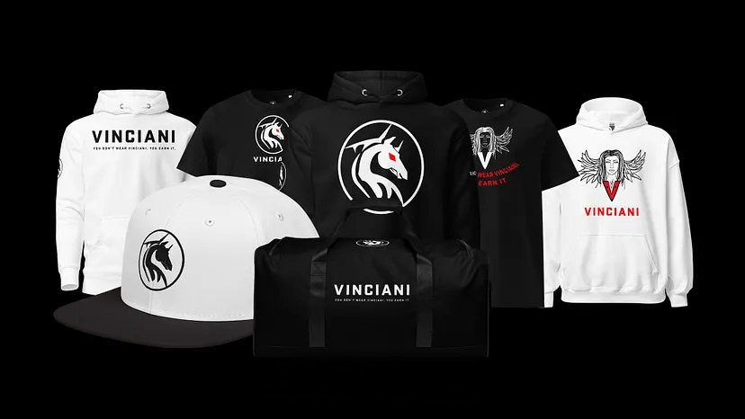 Vinciani streetwear collection featuring red, black, and white hoodies, t-shirts, cap, and duffle bag with the signature horse emblem and "You Don't Wear Vinciani, You Earn it" branding.