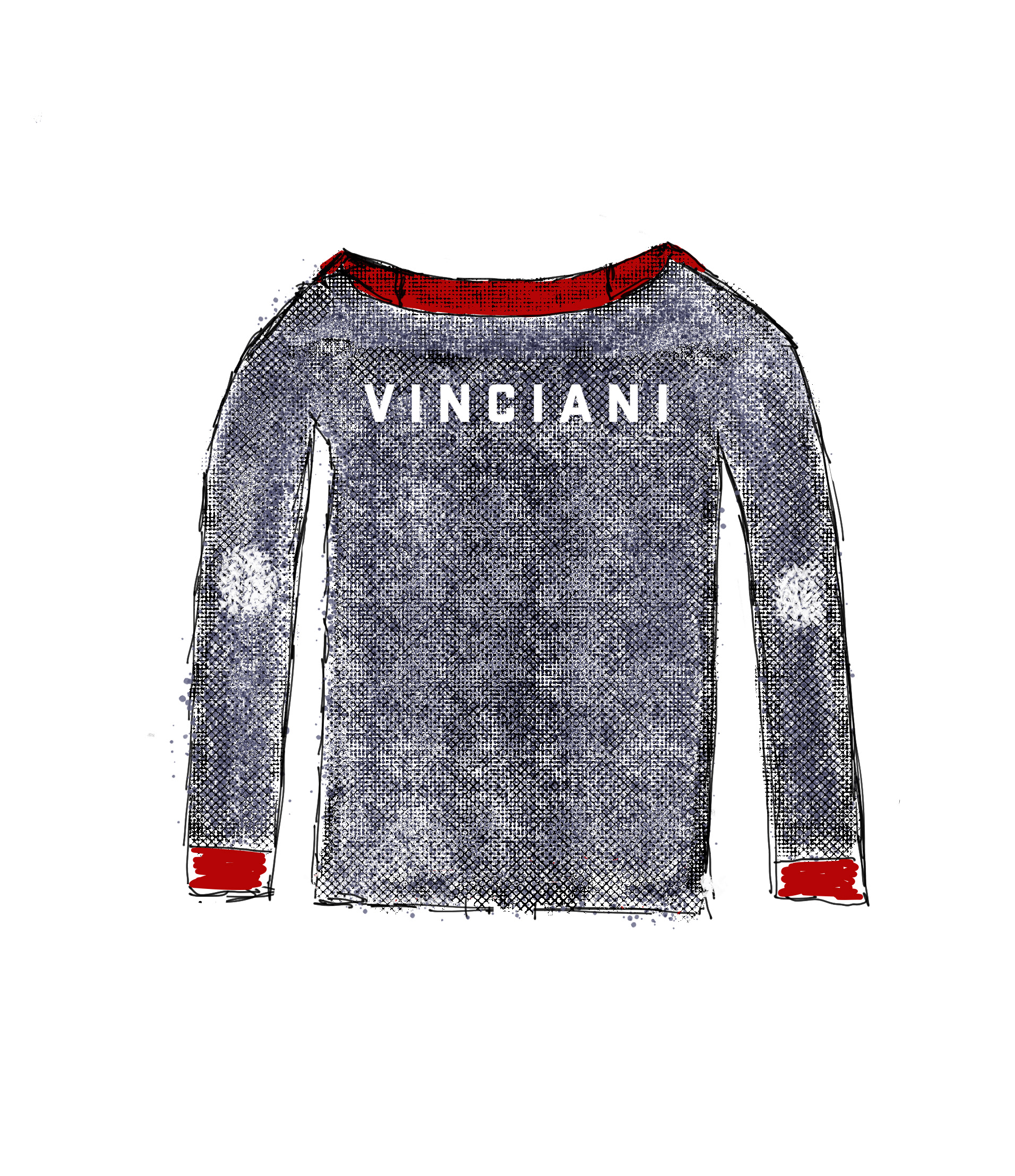 Luxury grey Vinciani long sleeve shirt back design concept featuring bold VINCIANI wordmark across the upper back, textured premium fabric, red inner collar and cuffs, subtle sleeve graphics, and contemporary fashion sketch.
