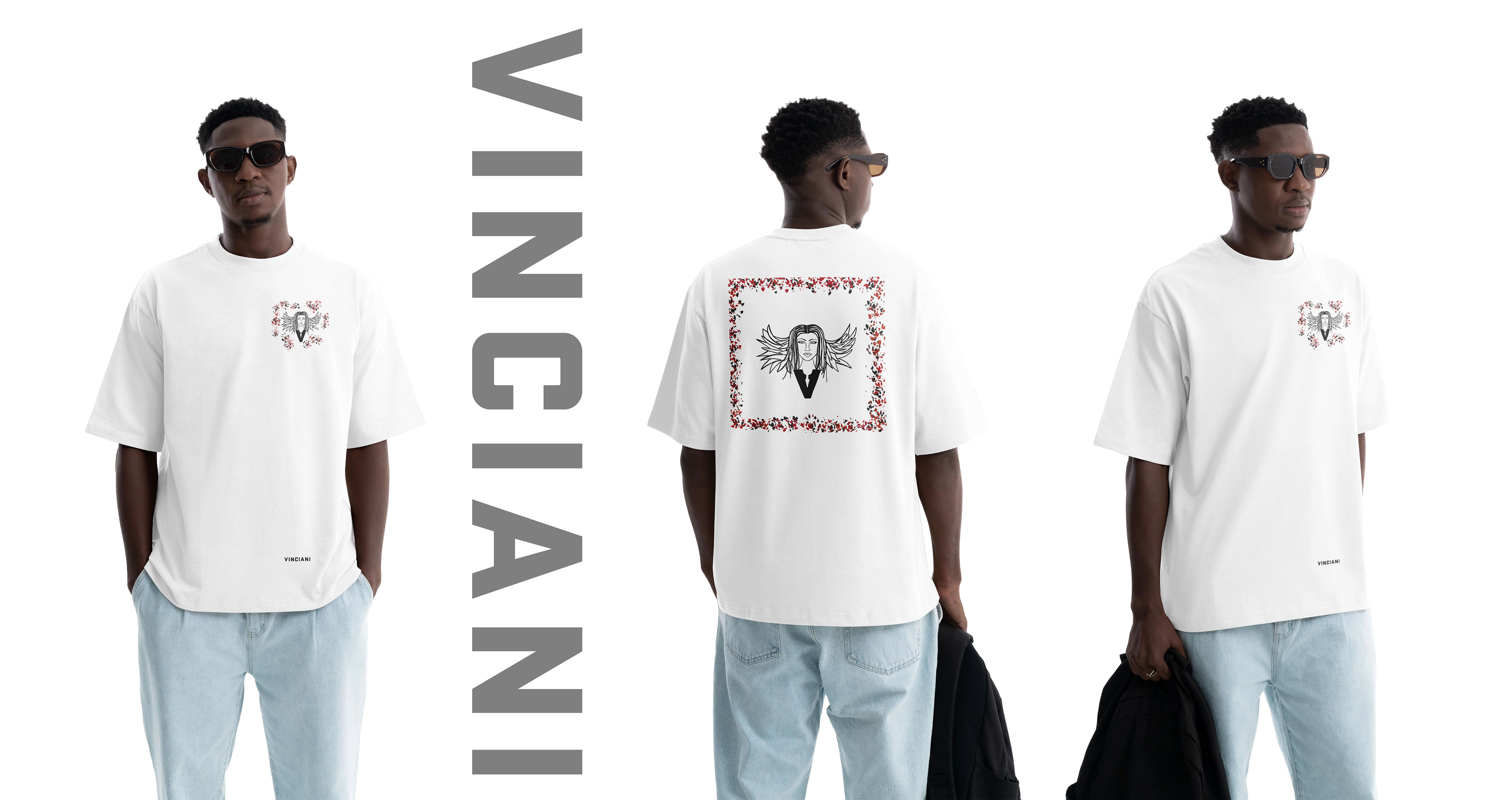 Vinciani Angel oversized white T-shirt shown in front, back and side views with red and black artwork, vertical Vinciani branding and light blue denim.