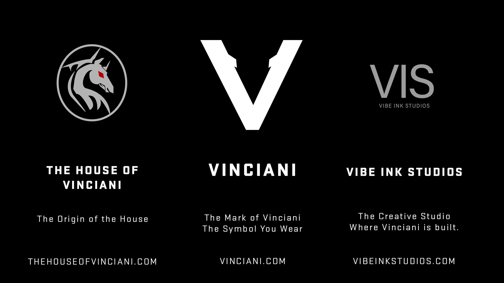 Vinciani brand system visual with horse emblem for House of Vinciani, V logo as the brand mark, and Vibe Ink Studios creative studio with official websites displayed