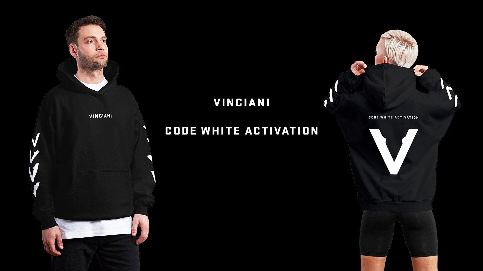 Black Vinciani Code White Activation hoodie featuring front logo and large V back print with signature sleeve stripe design.