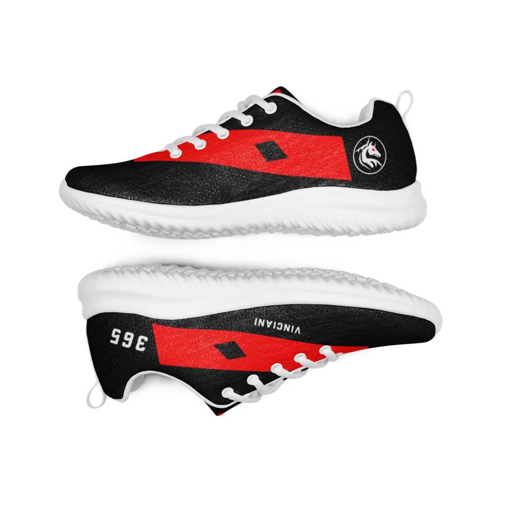 Vinciani black and red sneaker featuring the ascension stripe design and horse emblem heritage logo, representing strength, discipline and forward movement.