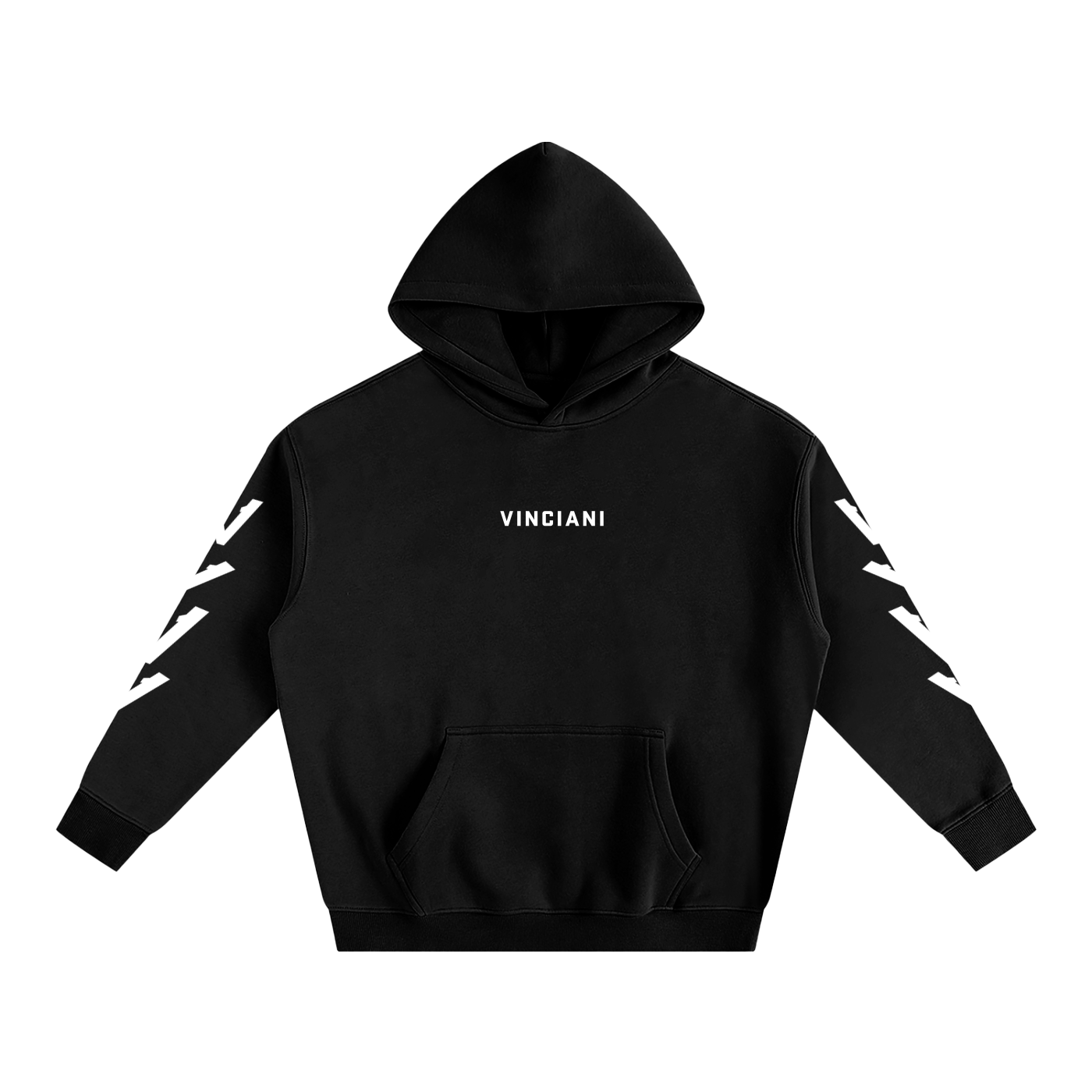 Front view of black Vinciani Code White Activation hoodie featuring minimal chest wordmark and structured silhouette