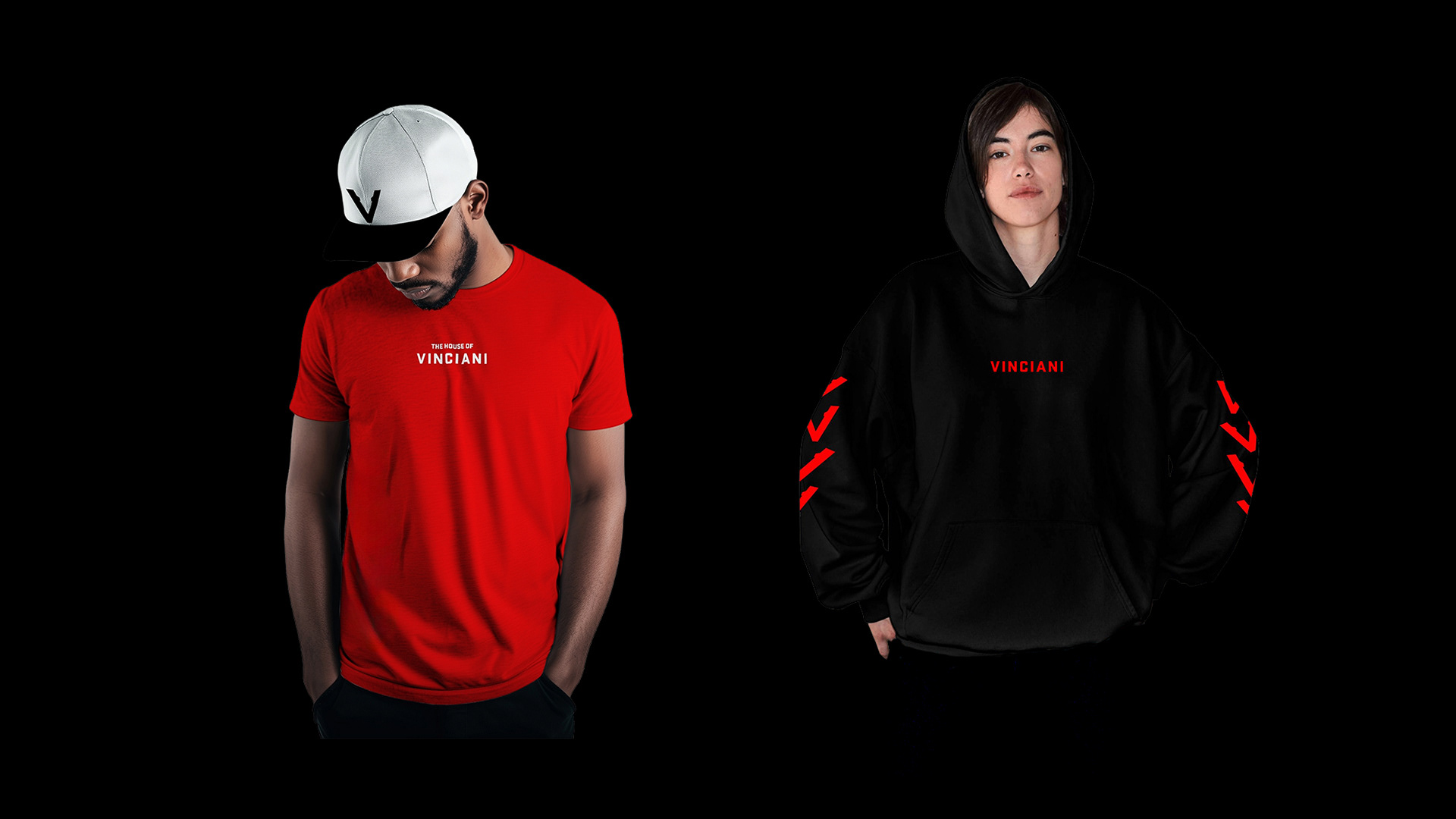 Male model in red Vinciani t-shirt and female model in black Vinciani hoodie with red accents on a black background.