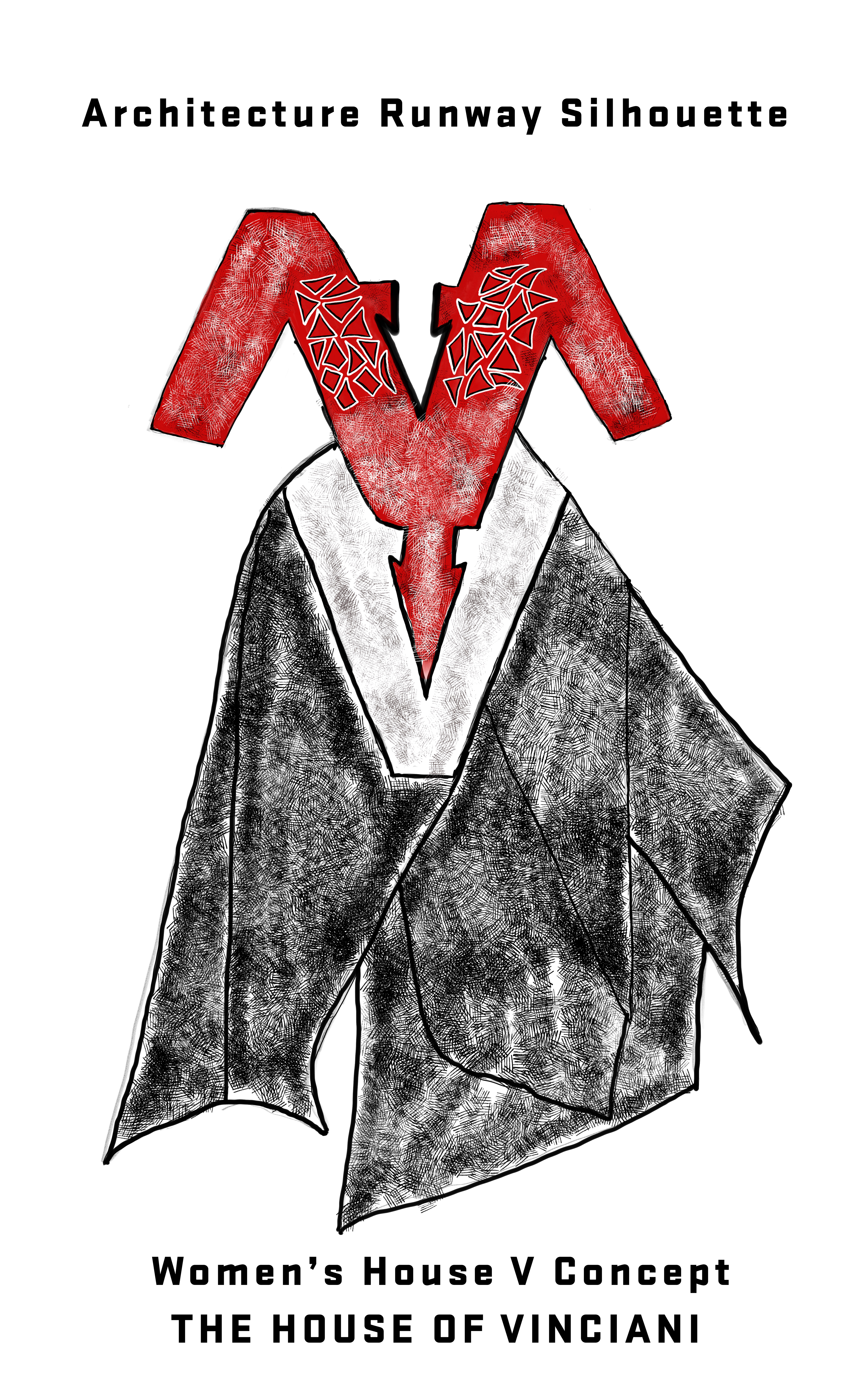 Vinciani Women's House V Concept illustration featuring an architectural runway silhouette with a sculptural red V bodice, geometric detailing, asymmetric draped black skirt, and high-fashion avant-garde design in the House of Vinciani.
