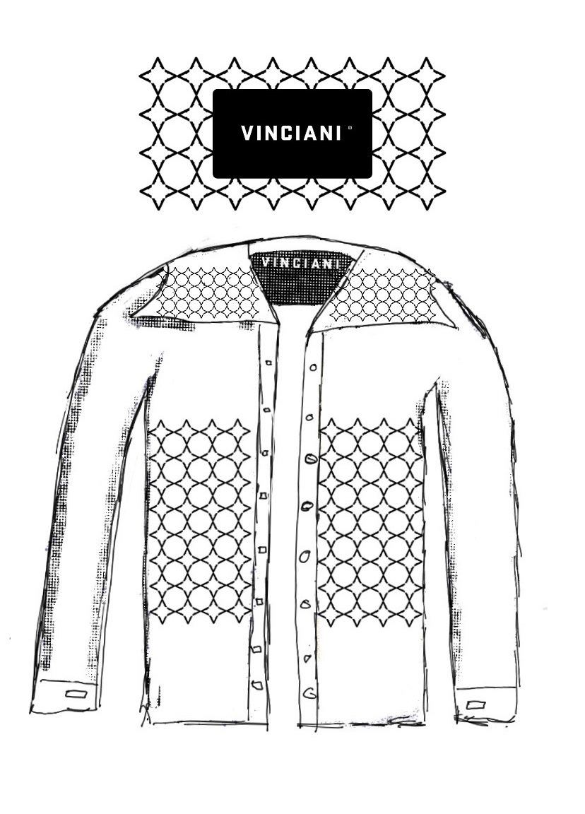 Vinciani luxury shirt concept featuring the signature House Pattern across the collar and front panels, with geometric textile detailing and VINCIANI branding.