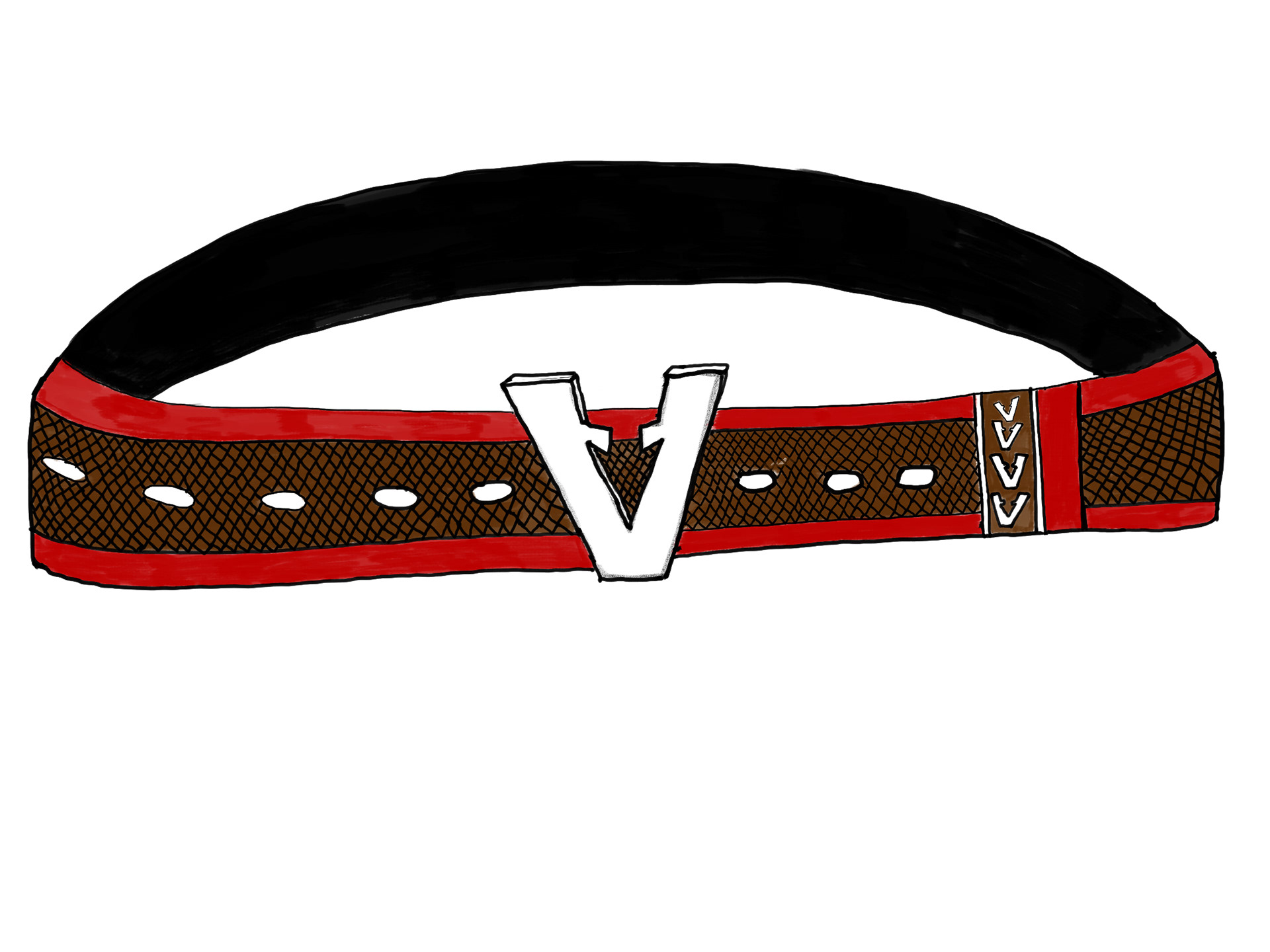 Hand-drawn concept sketch of the Vinciani V luxury leather belt featuring a sculpted V buckle, textured brown leather strap, red edge detailing, and engraved V accents, showcasing the House of Vinciani's original design language.