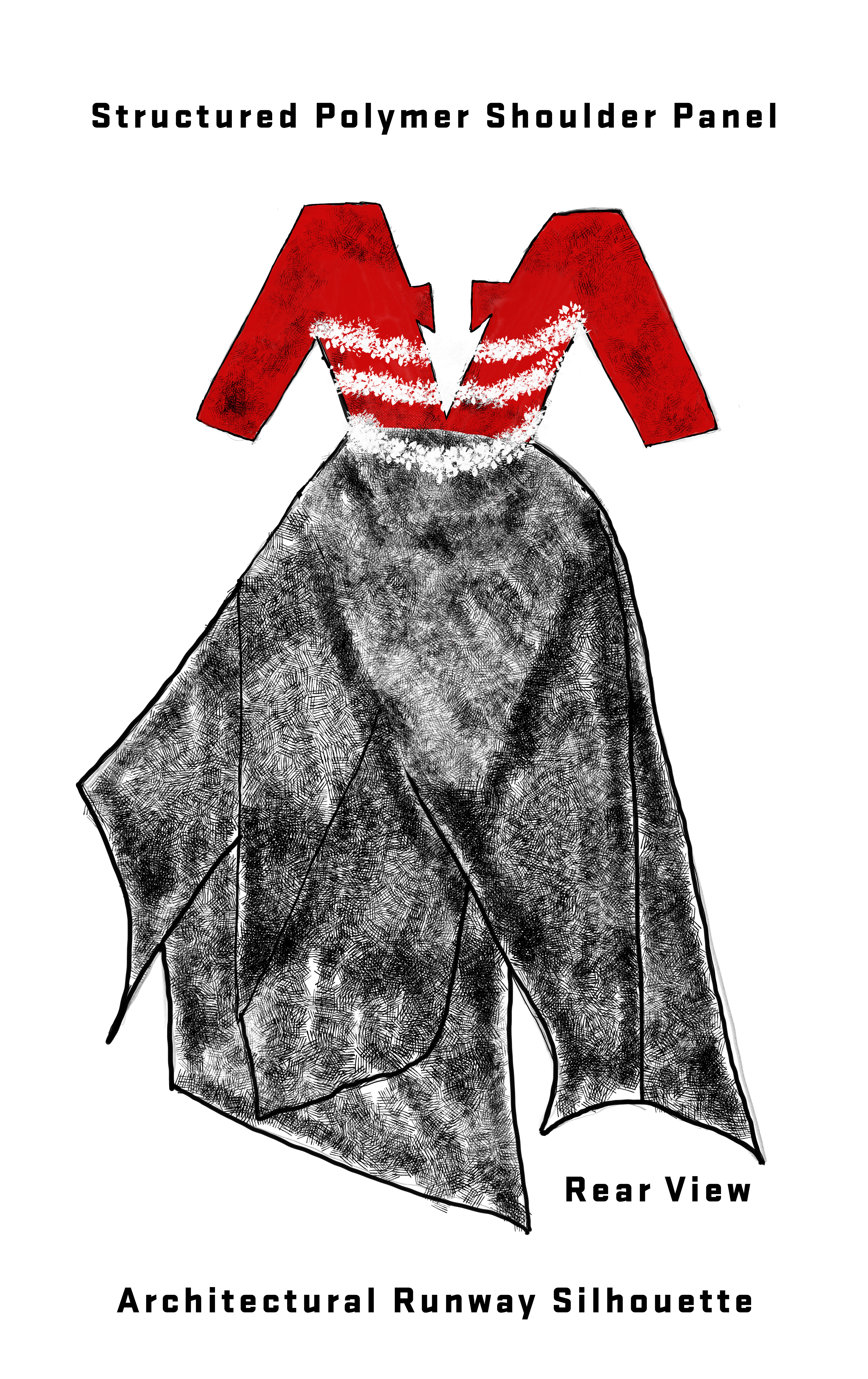 Rear view of the Vinciani Women's House V Concept featuring a structured polymer shoulder panel, architectural runway silhouette, asymmetric draped skirt, sculptural high-fashion construction, and avant-garde fashion illustration.