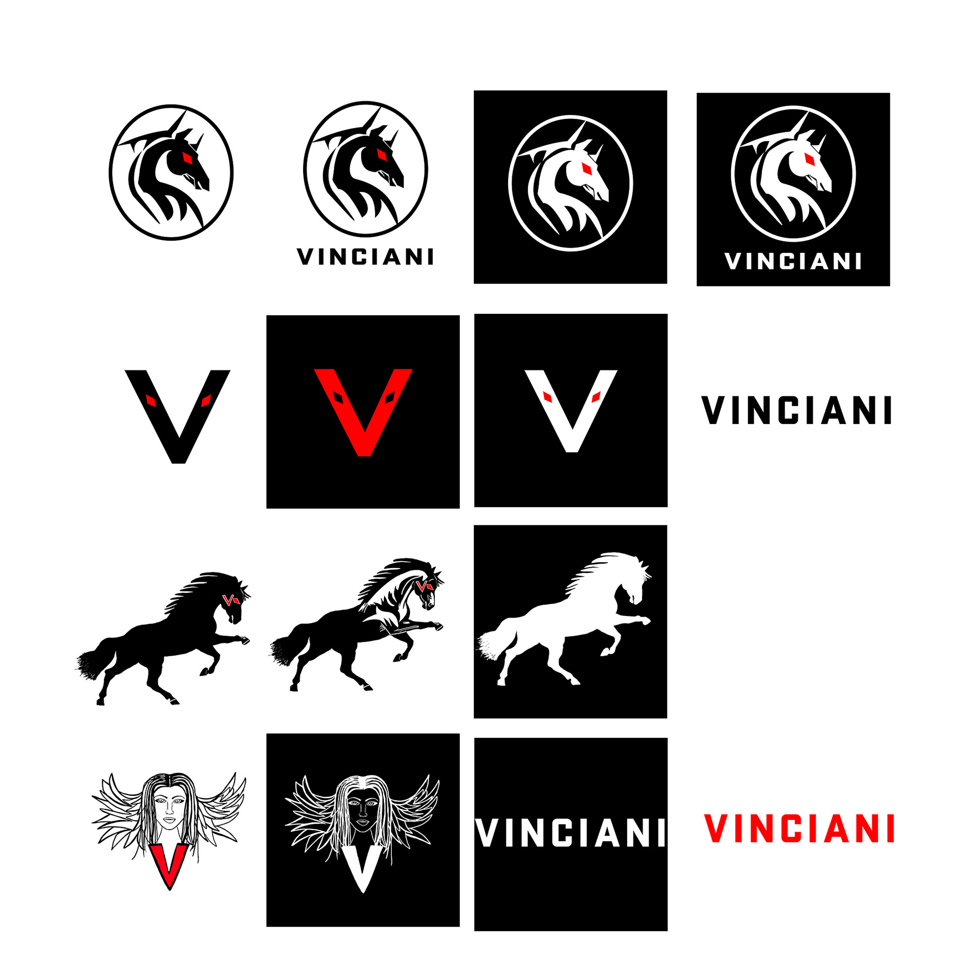 A comprehensive visual grid displaying the full architectural identity of the House of Vinciani, including variations of the Horse Emblem, the V-Mark with red diamond eyes, the Angel of Vinciani guardian, and the Vinciani Standard wordmark in black and red.