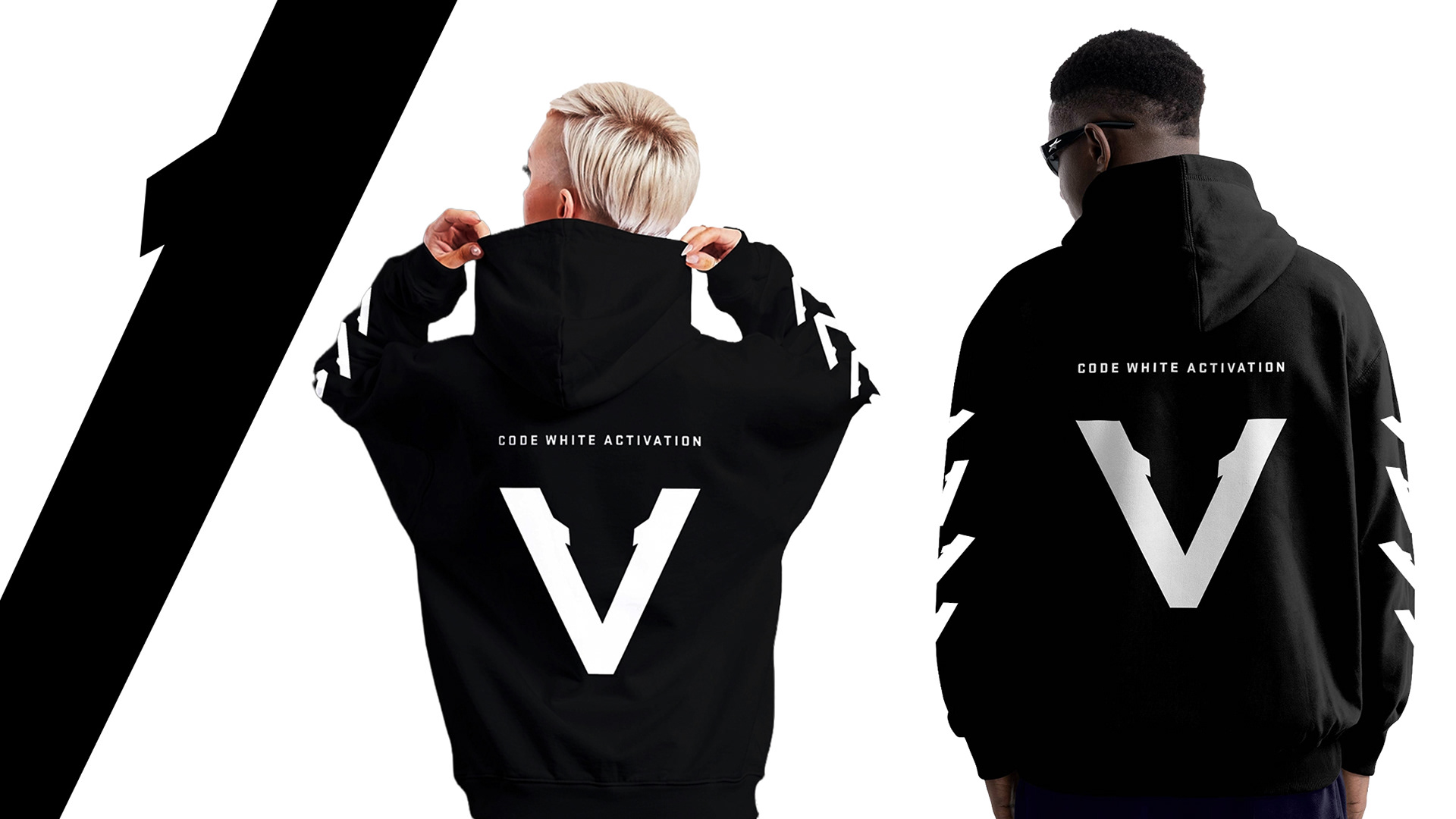 Two models wearing black Vinciani Code White Activation hoodies from the back, featuring large V graphic and signature sleeve stripe design.