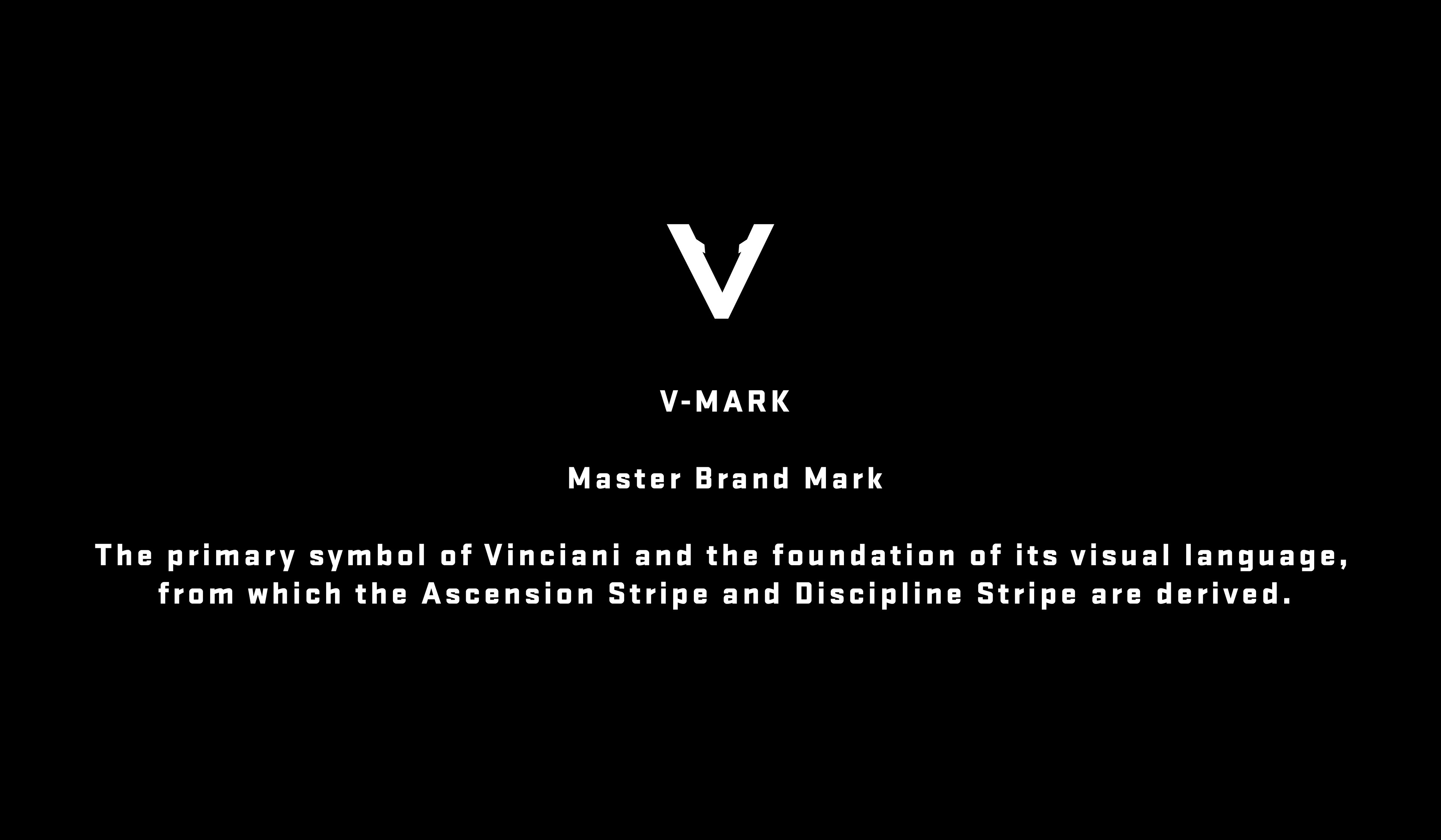 The official Vinciani V-Mark, the master logo of the House of Vinciani and the cornerstone of its luxury fashion branding, visual identity, and signature stripe system.